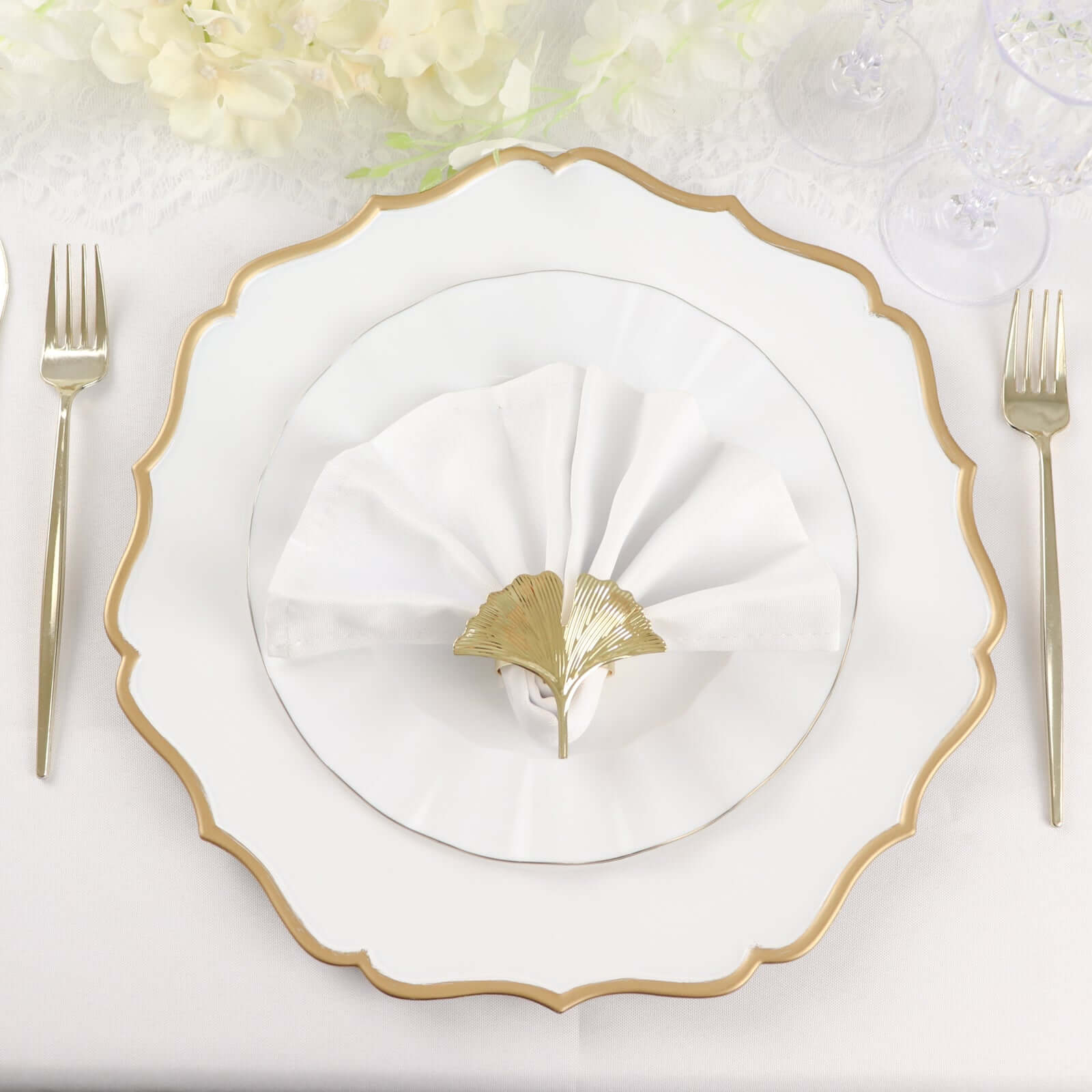6-Pack Acrylic Round Charger Plates 13" in White with Gold Scalloped Rim, Decorative Dinner Party Plastic Charger Tableware