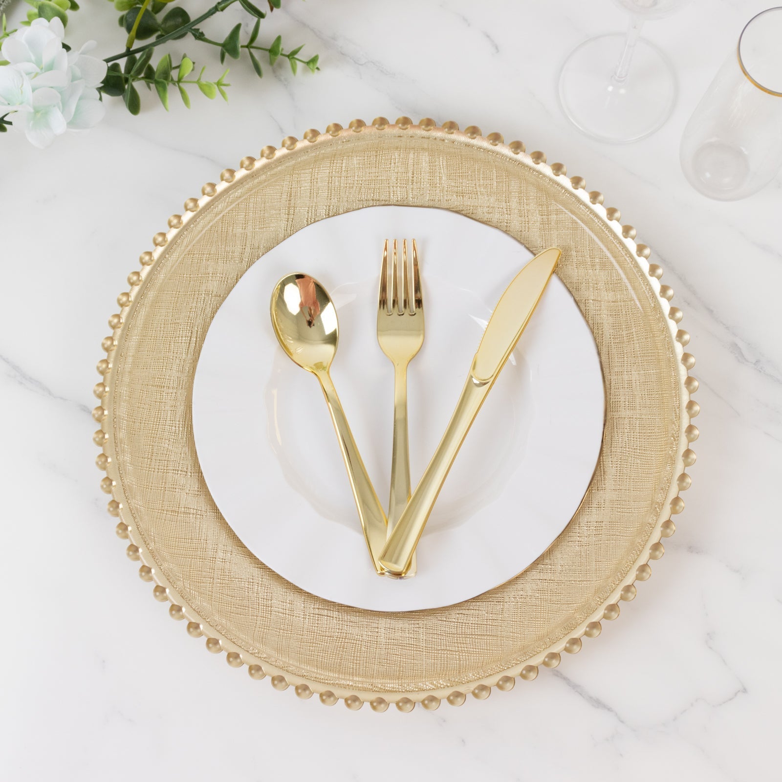 8-Pack Glass Round Charger Plates 12" in Gold with Beaded Rim & Cross-Stitch Pattern, Event Tabletop Decorative Dinner Charger Tableware