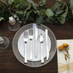 24-Pack Plastic Silverware Set with Hammered Design Silver - Heavy Duty Disposable Utensils 7"