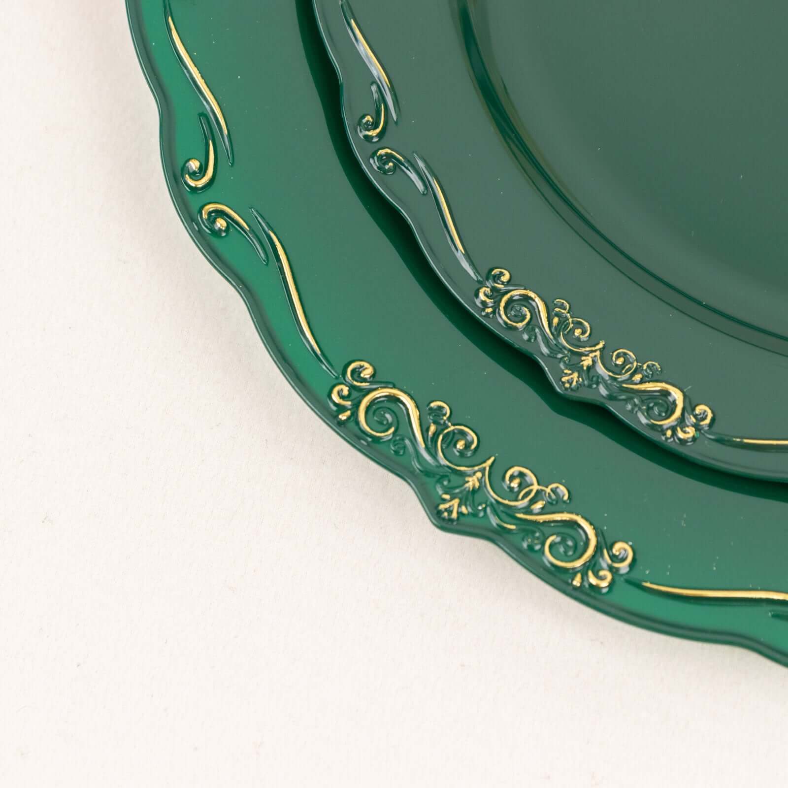 10-Pack Plastic 7" Round Dessert Plates in Hunter Emerald Green with Gold Vintage Embossed Rim - Sturdy Disposable Scalloped Edge Salad Plates