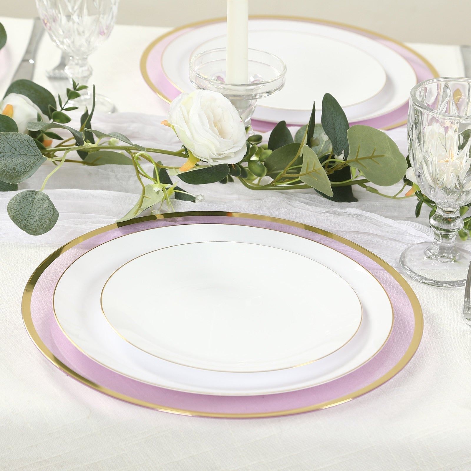 10 Pack Purple Economy Plastic Charger Plates With Gold Rim, 12" Round Transparent Dinner Chargers Event Tabletop Decor