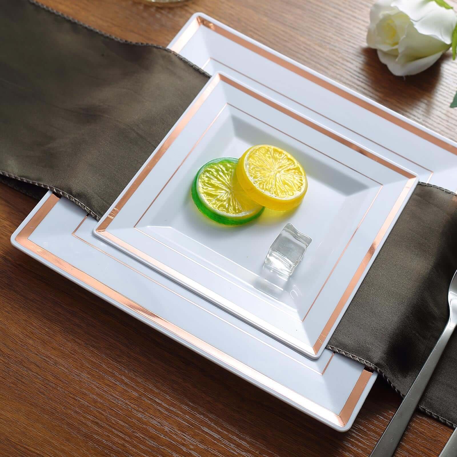 10-Pack Plastic Dinner Plates White Square with Rose Gold Trim - Lightweight Disposable Plates for Events 10"