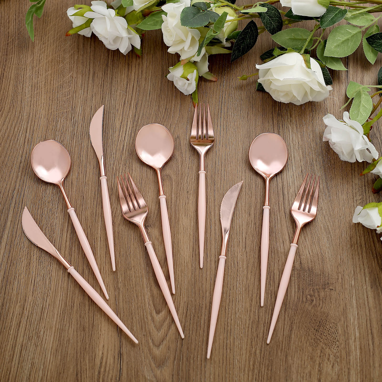 24-Pack Plastic Flatware Set in Rose Gold with Blush Handle - Heavy Duty Disposable Modern Silverware 8"