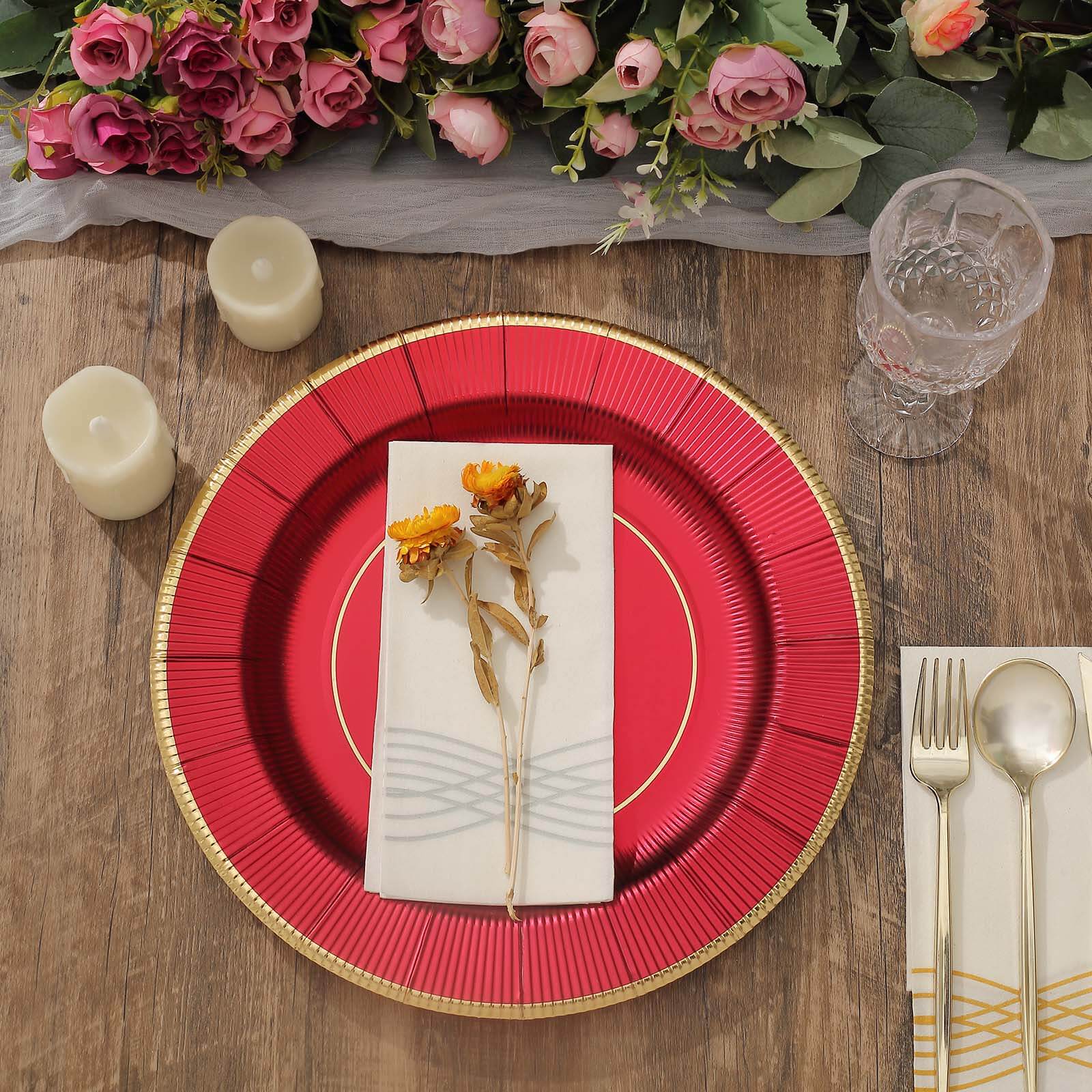 25-Pack Disposable Round Charger Plates in Burgundy Sunray Design with Gold Rim - 350GSM Heavy Duty Paper Chargers 13"