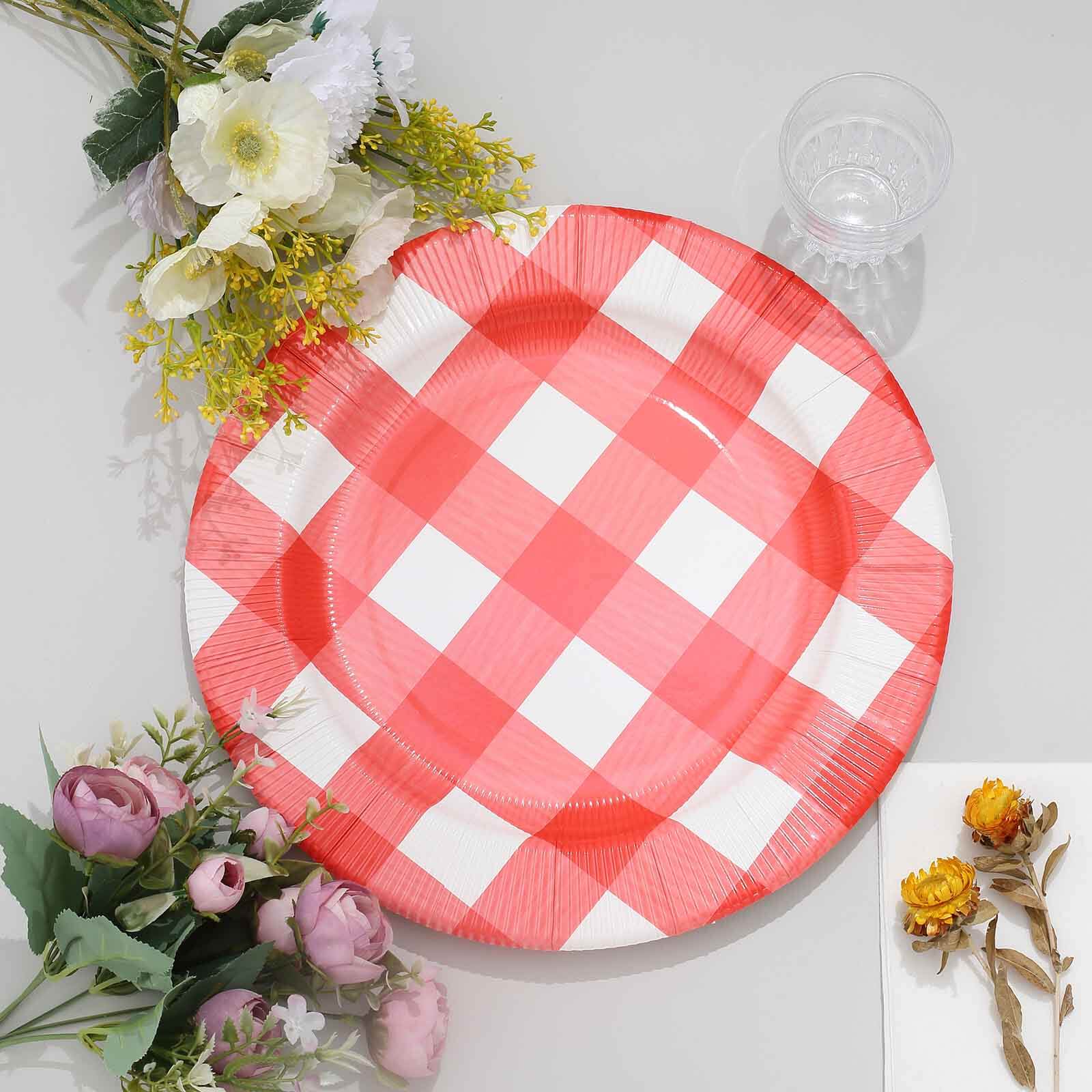 10-Pack Disposable Paper Charger Plates – Red/White Buffalo Plaid 13" Round Table Chargers, 350 GSM Cardstock