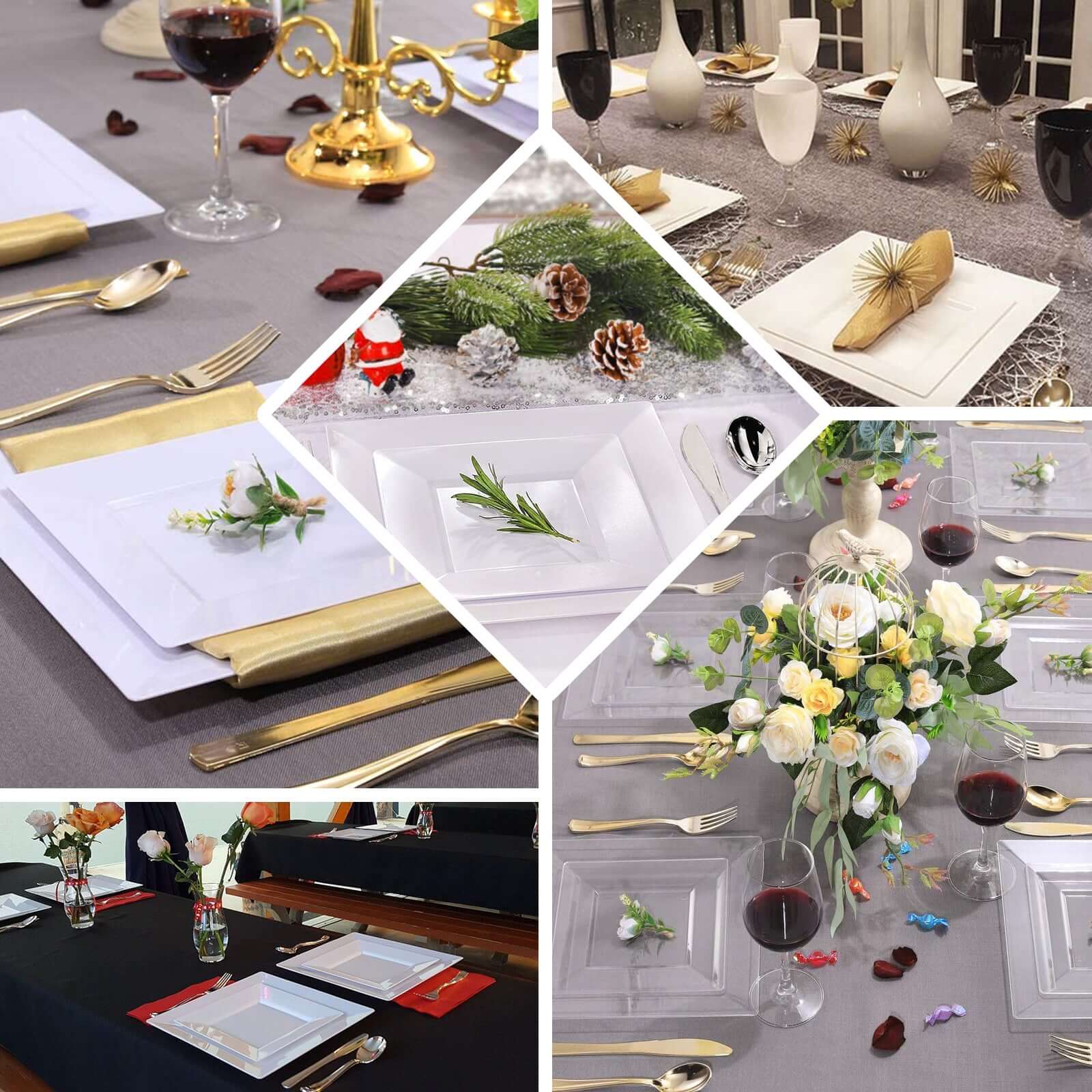 10-Pack Dessert Plates Square Design with Wide Rim Glossy Clear - Plastic Disposable Plates for Events 6"