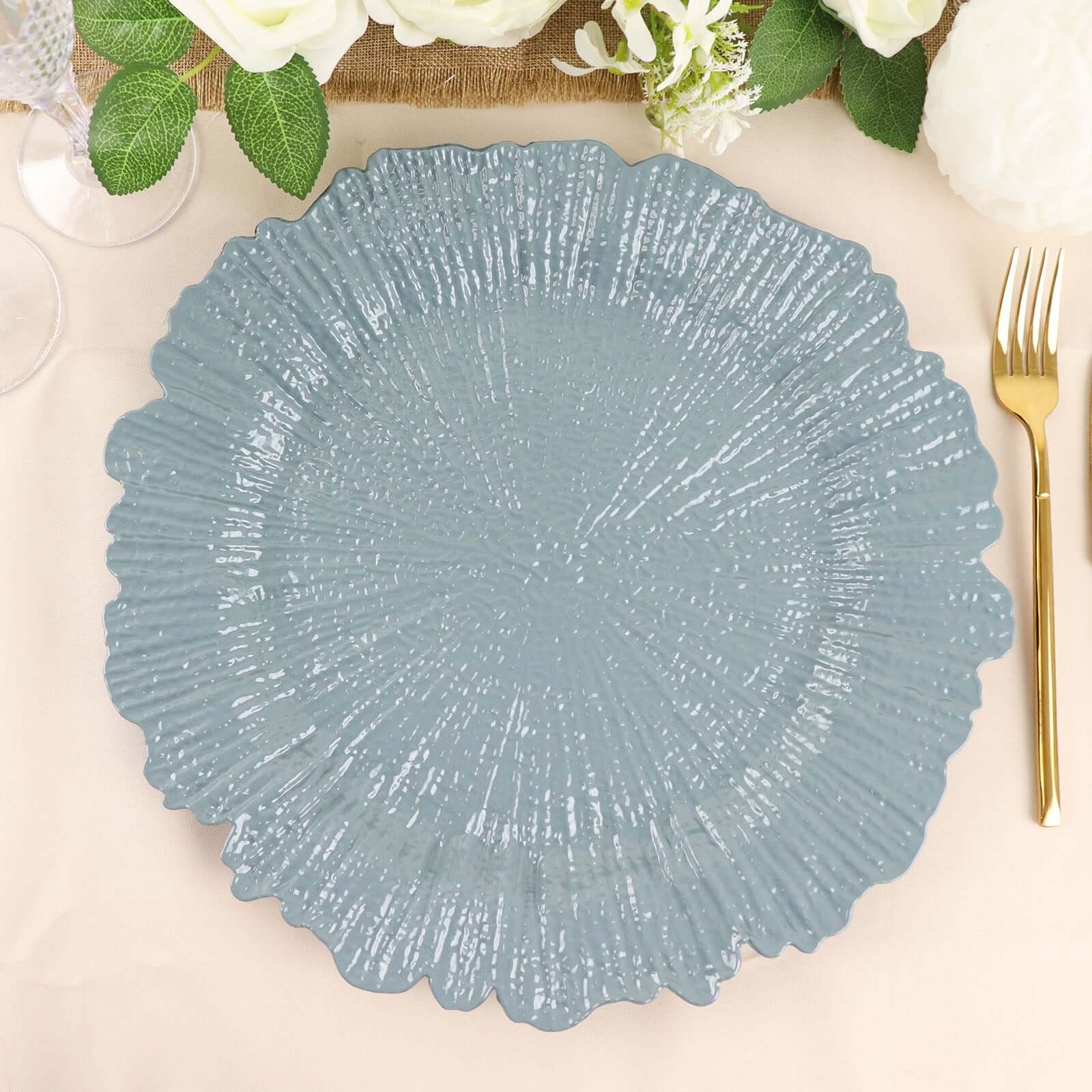 6-Pack Acrylic Plastic Round Charger Plates 13" in Dusty Blue with Reef Design, Dinner Charger Tableware