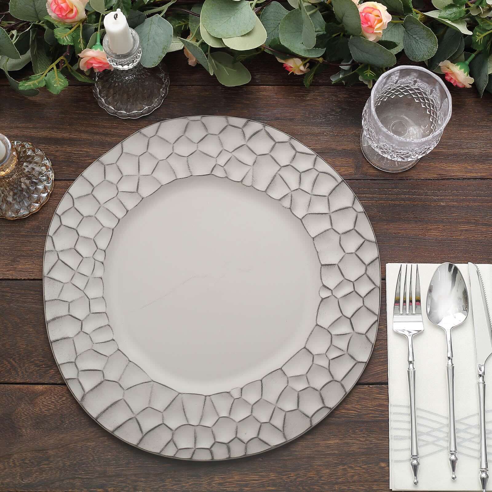 6-Pack Round Charger Plates 13" in Gray with Hammered Rim, Matte Finish Modern Dinner Charger Tableware