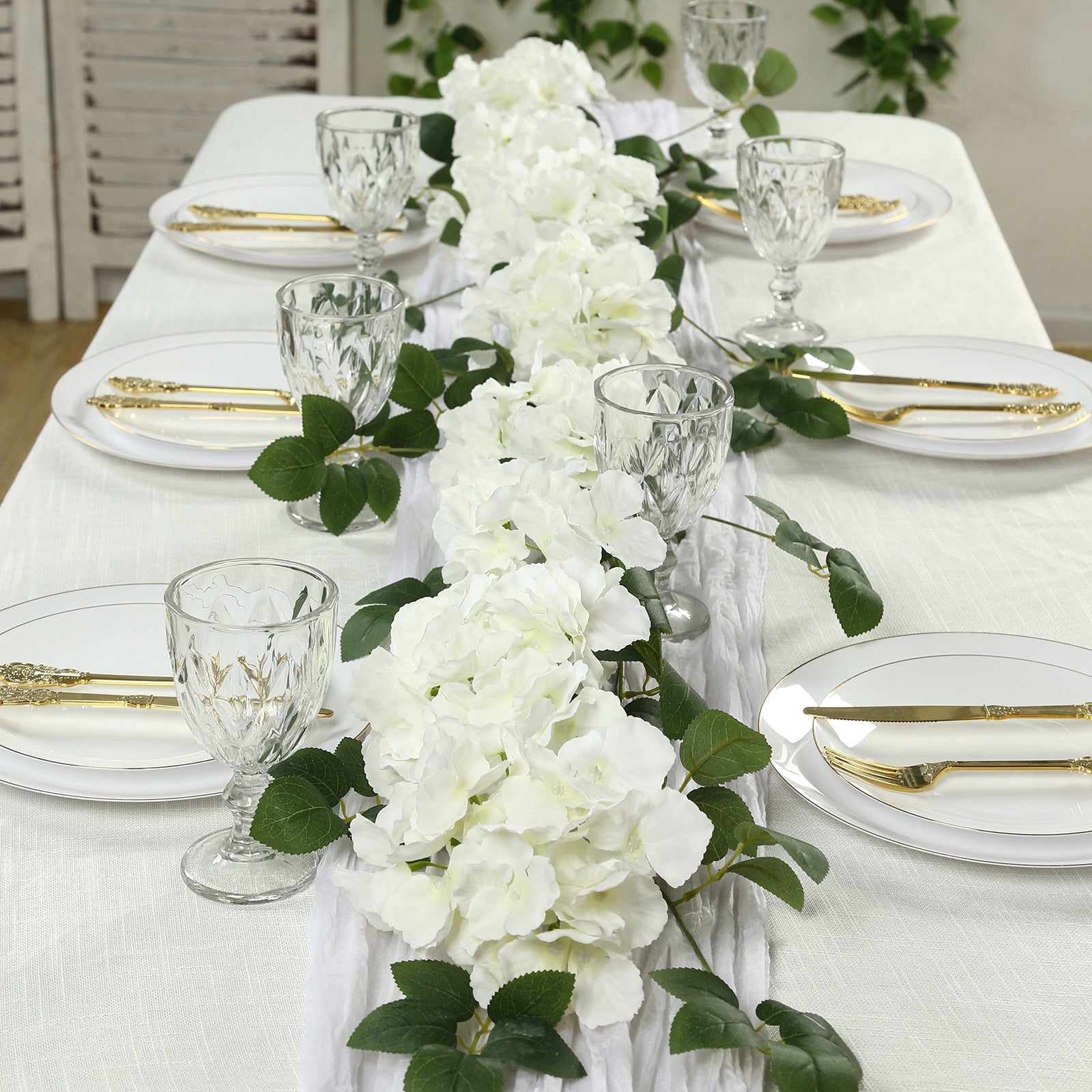 2-Pack Ivory Artificial Hydrangea Garland 5.5ft – Artificial Silk Floral Vine with Green Leaves