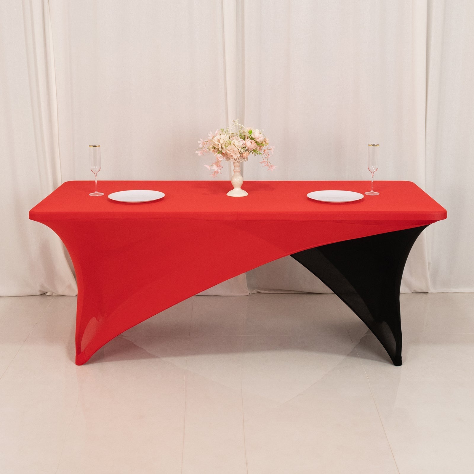 Stretch Spandex 72"x30" Rectangle Table Cover Red/Black Cross Over Design - Two-Piece Fitted Tablecloth with Elastic Foot Pockets