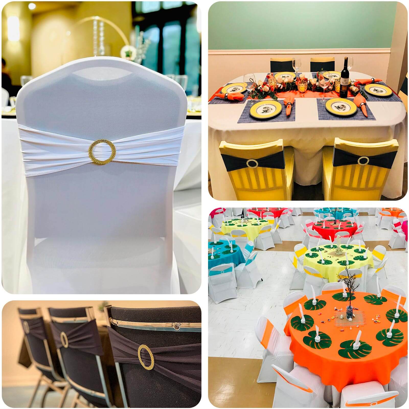 5 Pack Spandex Chair Sashes White with Gold Rhinestone Buckles - Reusable Four-Way Stretch Sash Bands for Classy & Effortless Wedding & Party Decor 5"x14"