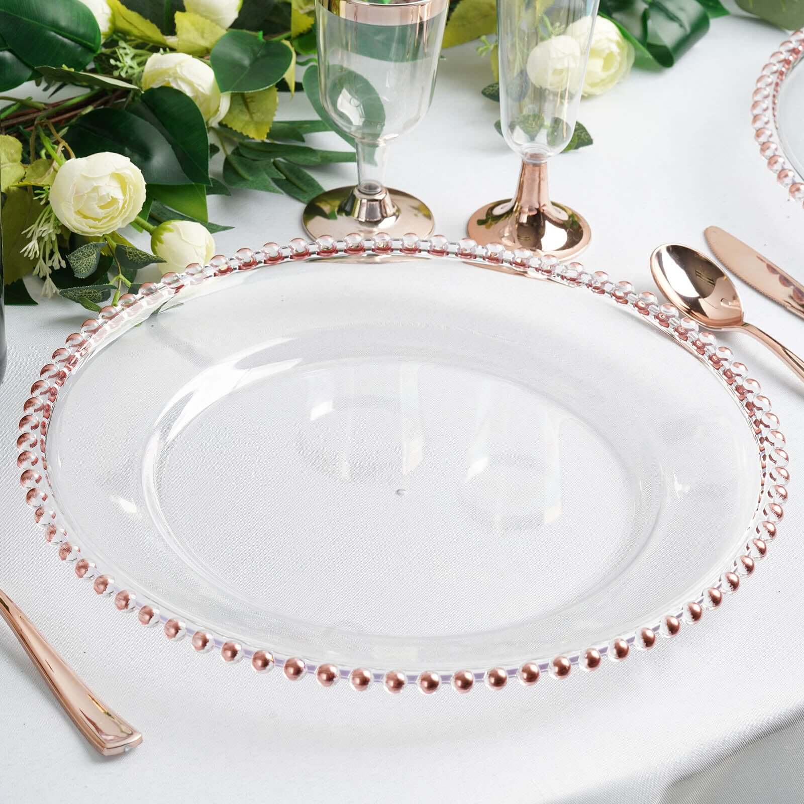 6-Pack Acrylic Round Charger Plates 13" in Clear with Rose Gold Beaded Rim, Decorative Dinner Party Serving Plates