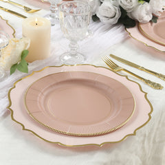 25-Pack Paper 10" Round Dinner Plates in Dusty Rose Sunray Design with Gold Rim - Disposable Heavy Duty 350GSM Party Plates