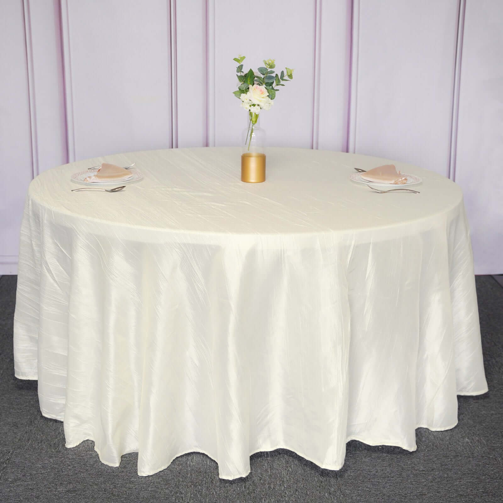 Taffeta 120" Round Tablecloth Ivory - Seamless Accordion Crinkle Table Cover