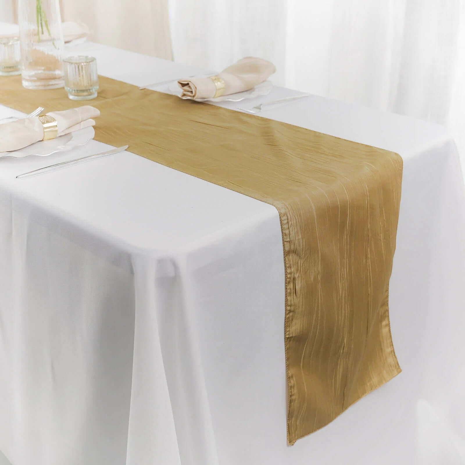 Taffeta 12"x108" Table Runner Gold - Accordion Crinkle Design for Modern Gatherings