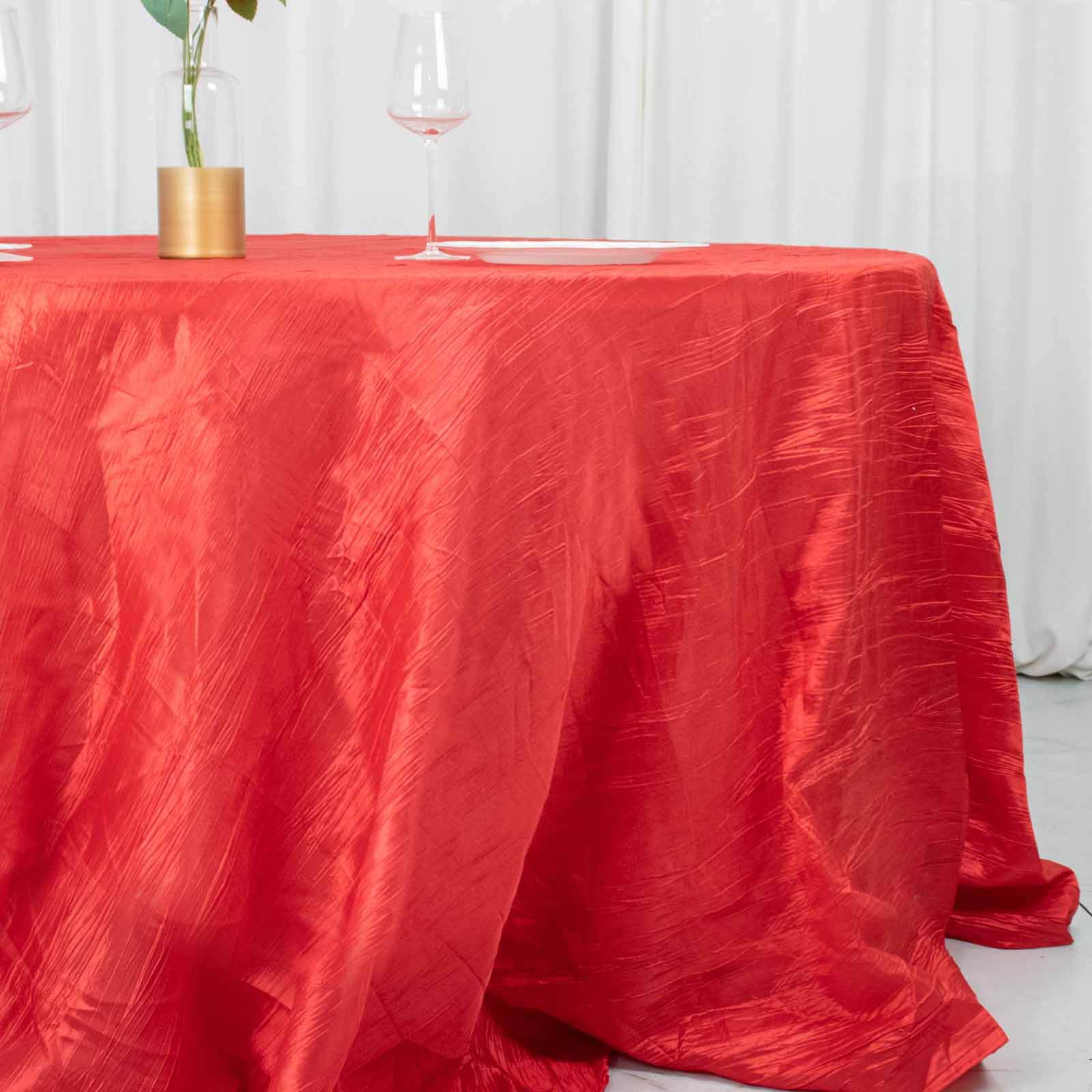 Taffeta 132" Round Tablecloth Red - Seamless Accordion Crinkle Table Cover
