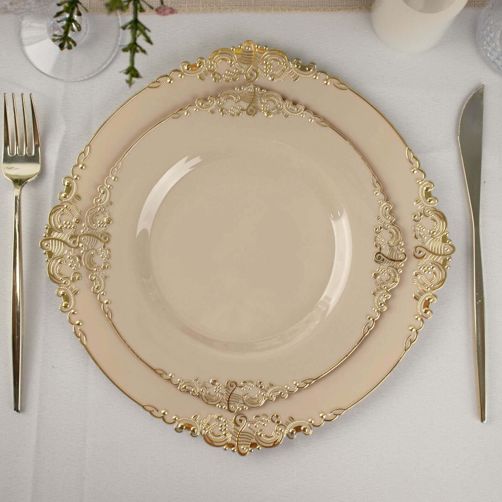 10-Pack Plastic 8" Round Dessert Plates in Taupe with Gold Leaf Embossed Rim - Disposable Vintage Baroque Style Salad Plates
