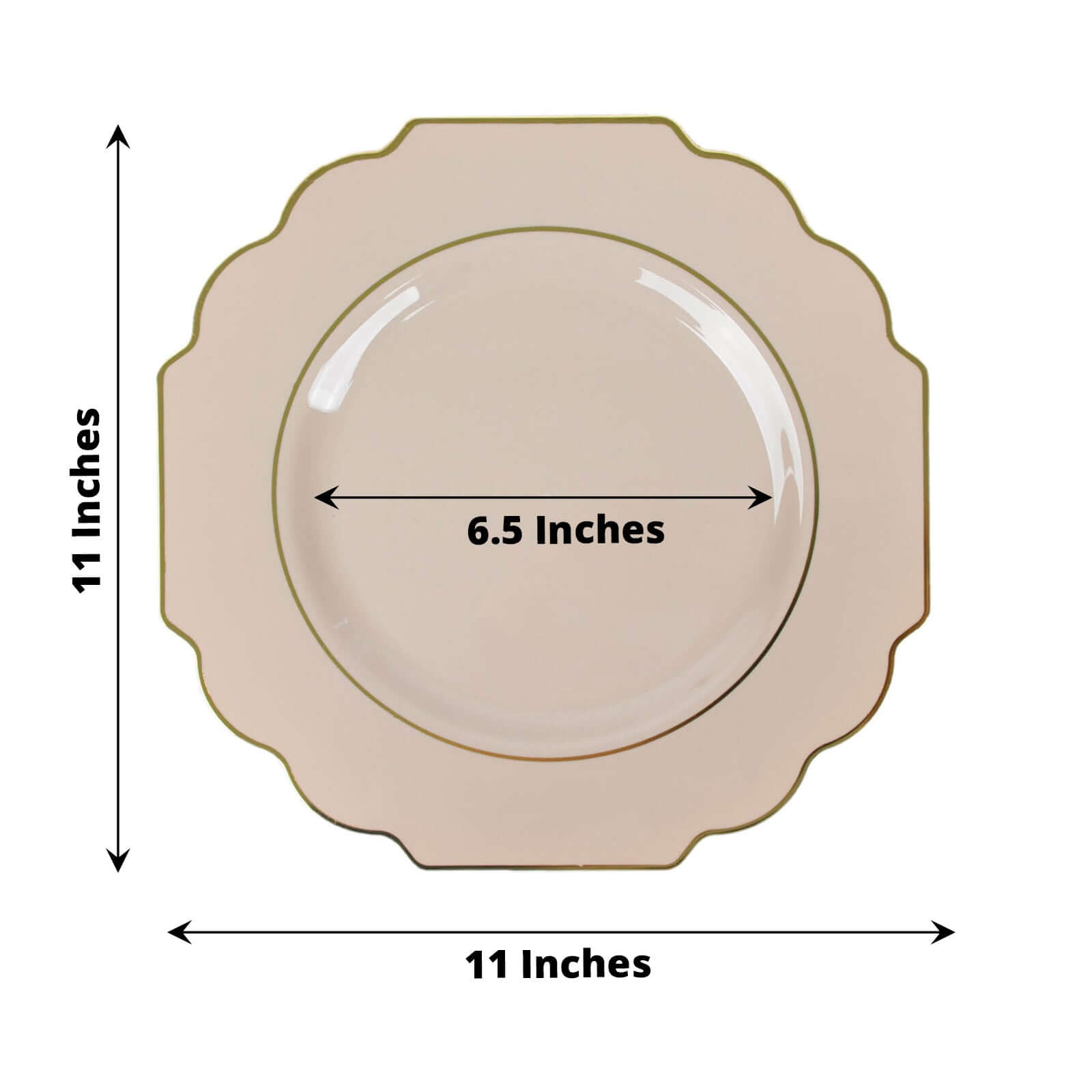 10-Pack Plastic Dinner Plates in Taupe Baroque Design with Scalloped Gold Rim - Heavy Duty Disposable Party Plates 11"