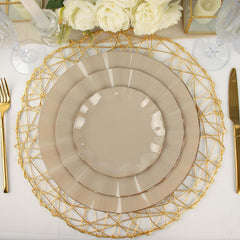 10-Pack Plastic 11" Round Dinner Plates in Taupe Ruffled Rim with Gold Edging - Sturdy Disposable Dinnerware
