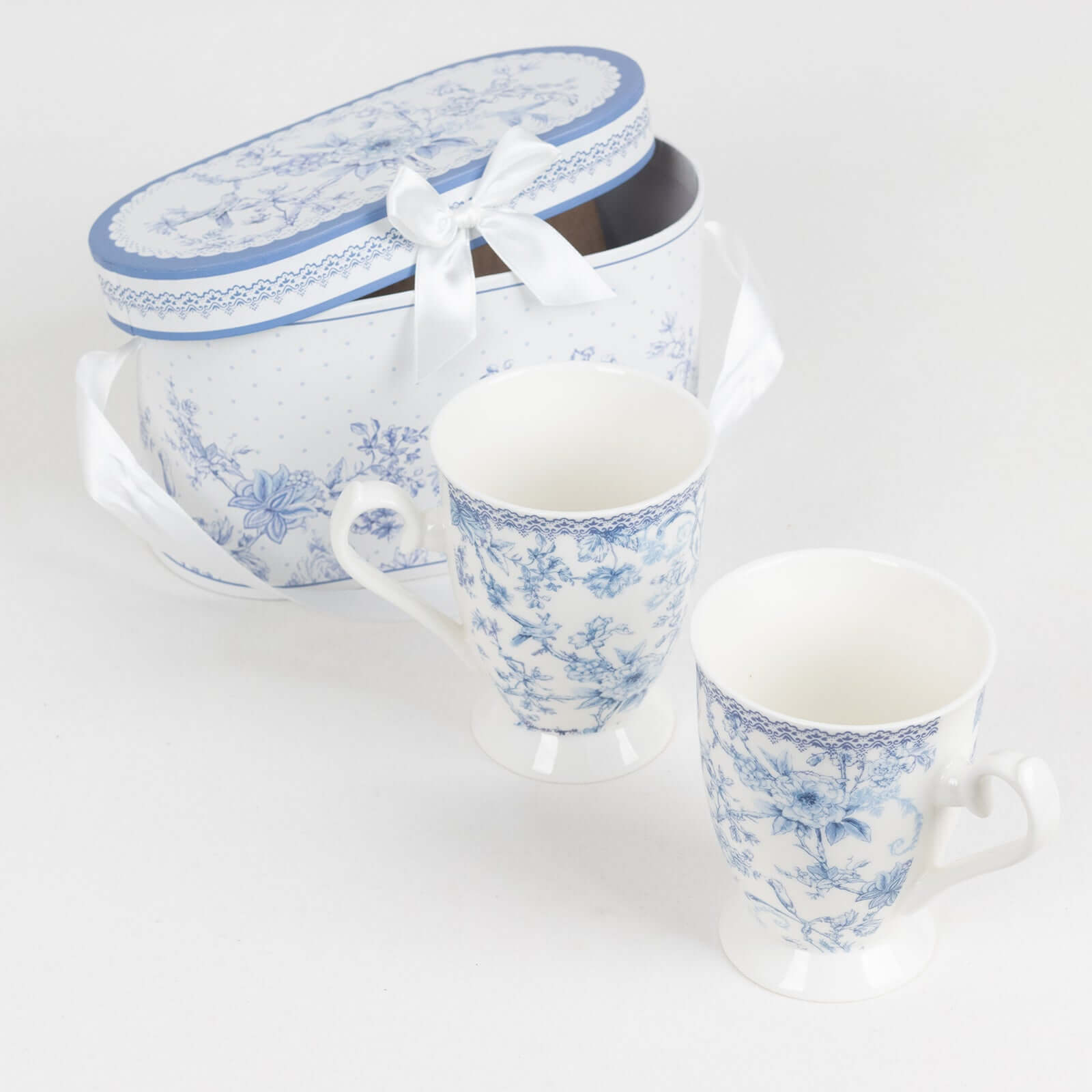 White Blue French Toile Bridal Shower Gift Set, 2 Pack Porcelain Tea Cups With Matching Keepsake Gift Box and Satin Ribbon Handle