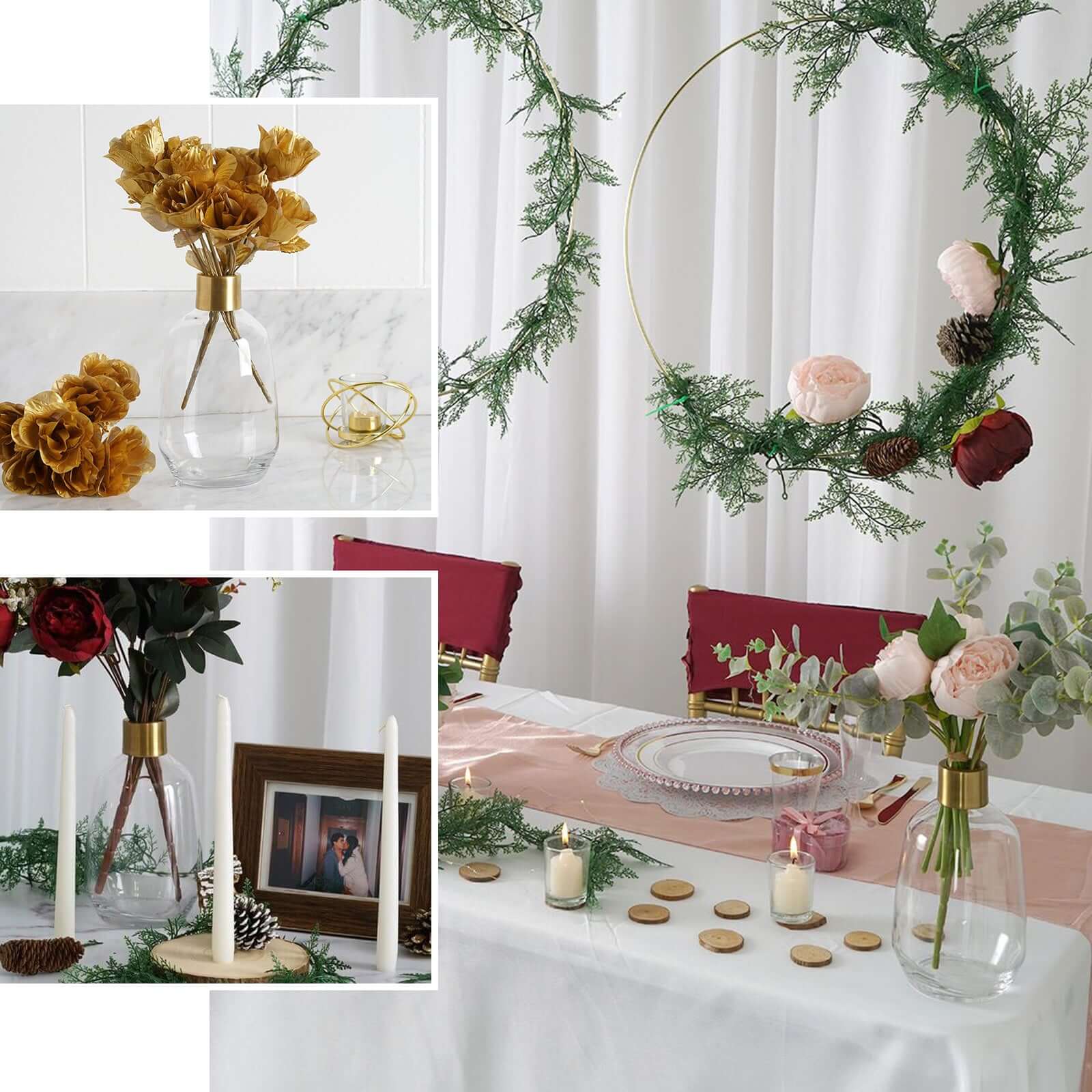 2-Pack Glass Flower Vases Teardrop Design Clear with Gold Metal Top - Stylish Event Table Centerpieces 14"