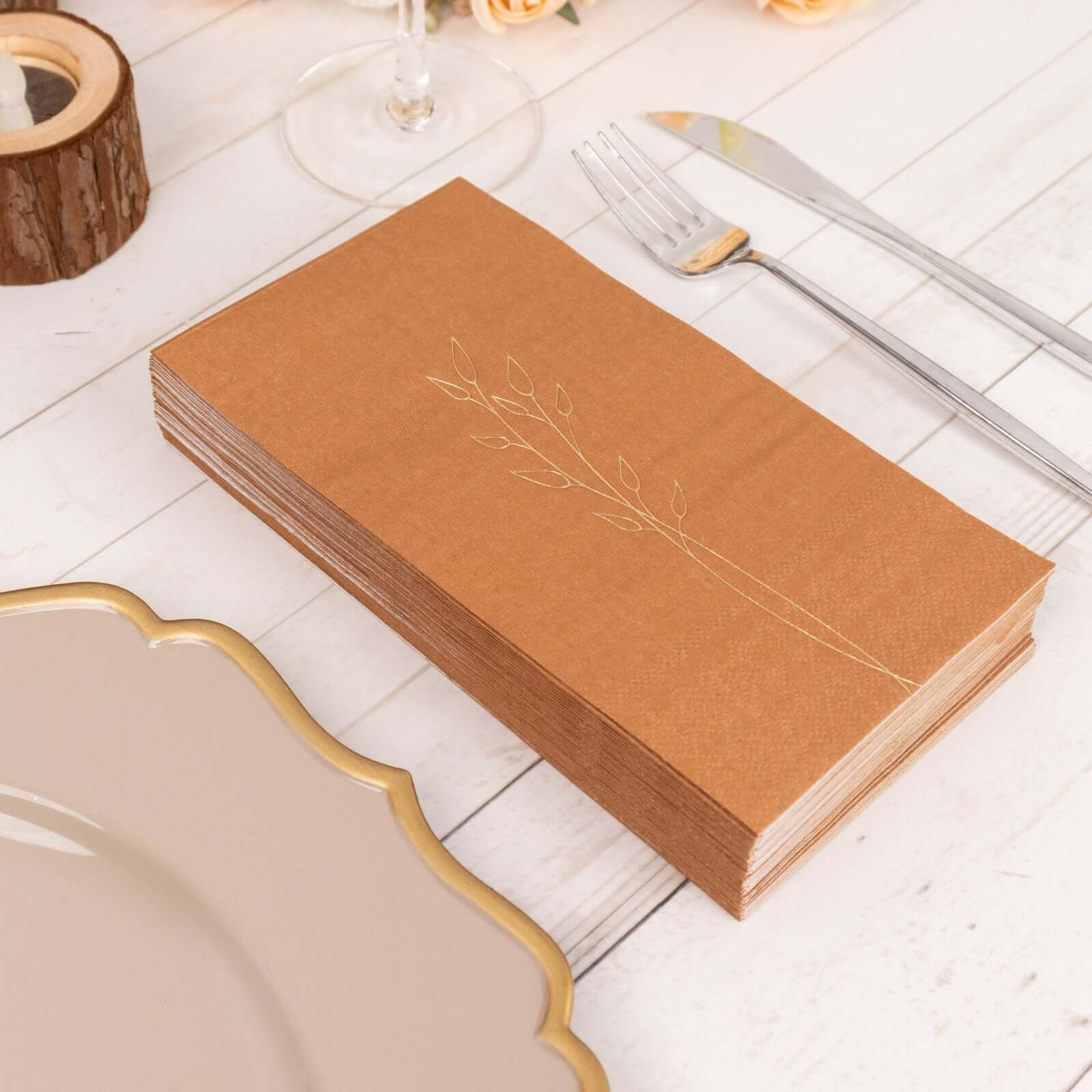 50-Pack Paper Dinner Napkins Terracotta (Rust) with Gold Embossed Leaf - Stylish 2-Ply Disposable Napkins for Weddings 18GSM