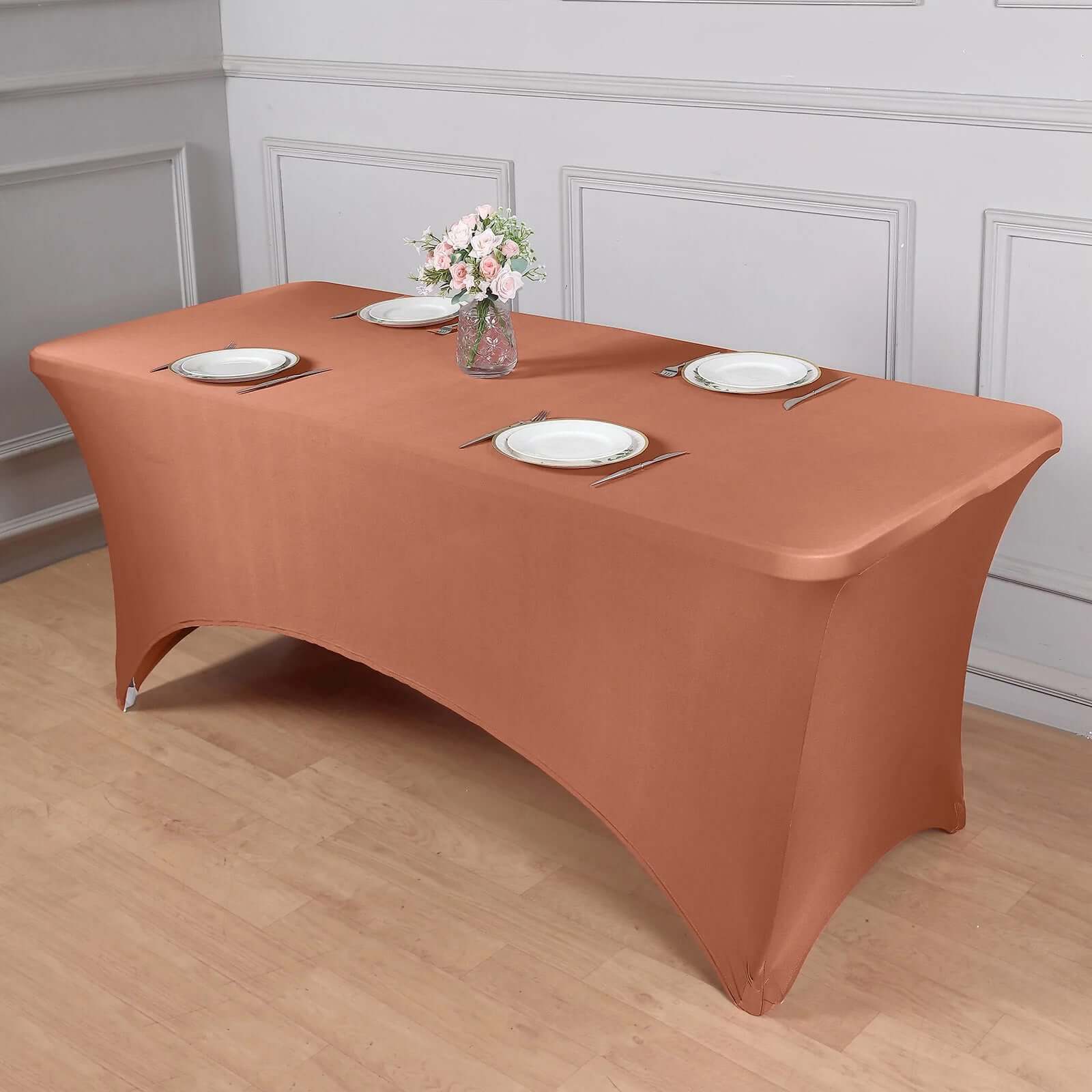 Stretch Spandex 96"x30" Rectangle Table Cover Terracotta (Rust) - Durable Form-Fitting Tablecloth