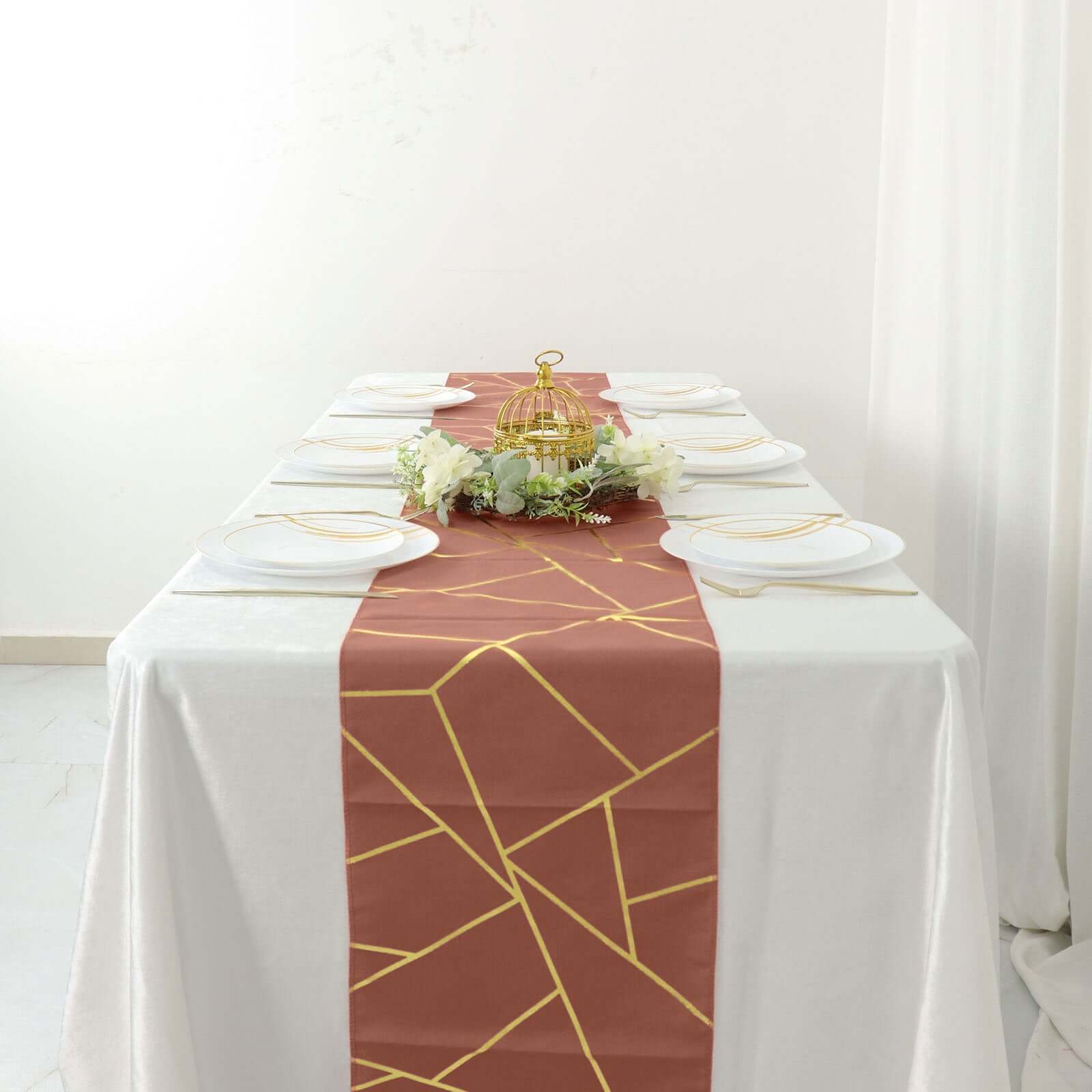Polyester 9ft Table Runner Terracotta (Rust) with Gold Foil Modern Geometric Accent