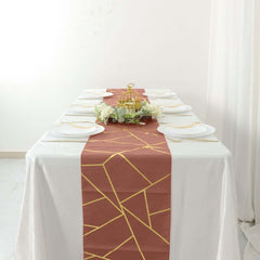 Polyester 9ft Table Runner Terracotta (Rust) with Gold Foil Modern Geometric Accent