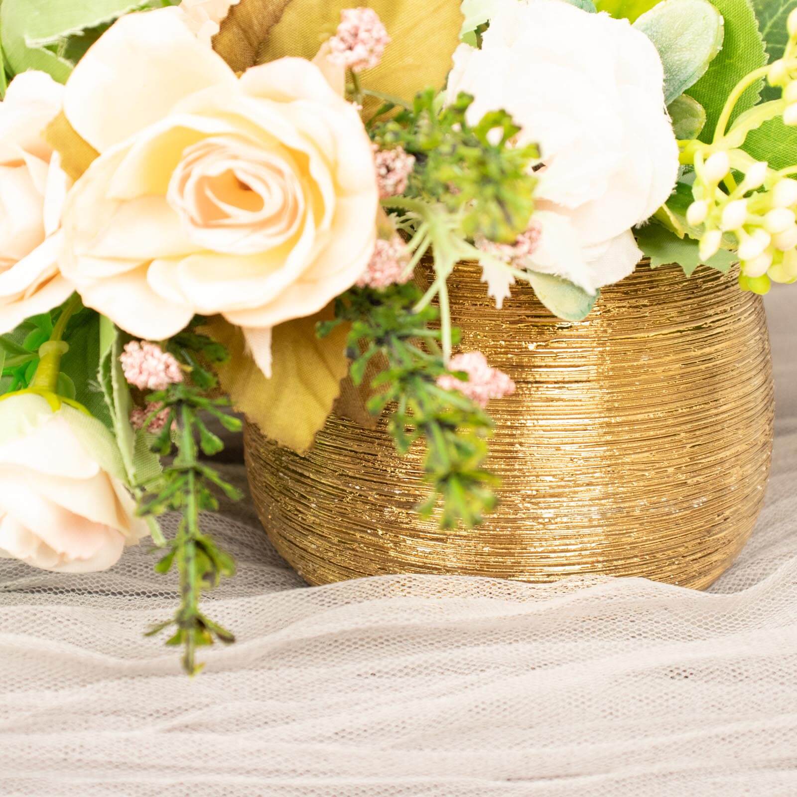 4-Pack Flower Vase Pots Textured Round Design Gold - Ceramic Brushed Indoor Planters 3"