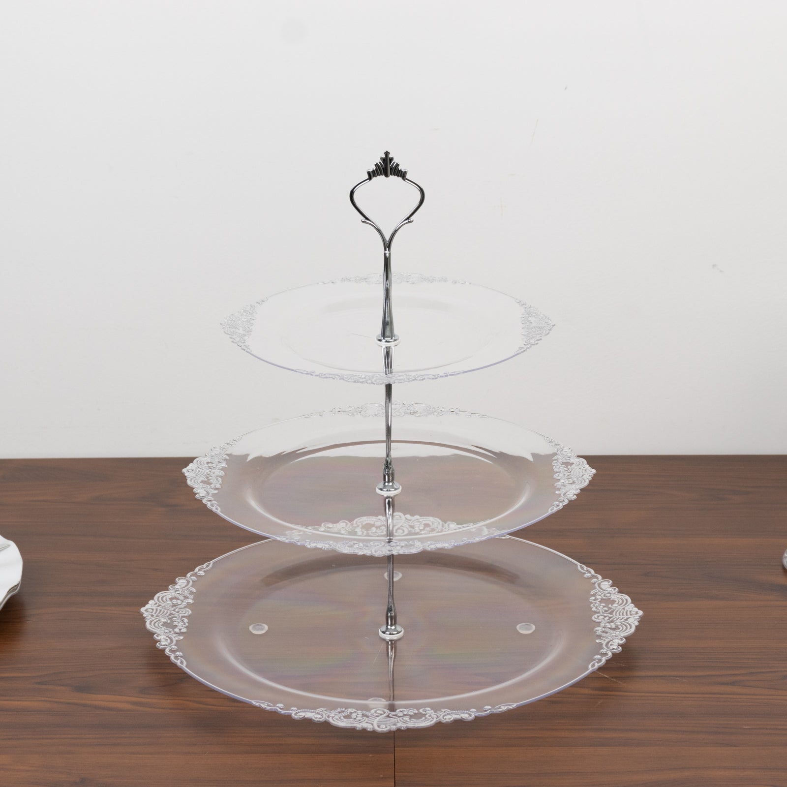 3-Tier Clear Plastic Cupcake Tower Stand with Silver Embossed Baroque Rim, 13" Round Cake Dessert Holder Display Stand Tiered Serving Tray with Top Handle