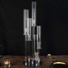 5-Arm Round Crystal Glass Candelabra Clear Taper Design - Chic Candle Holder Table Centerpiece for Weddings & Events 32"