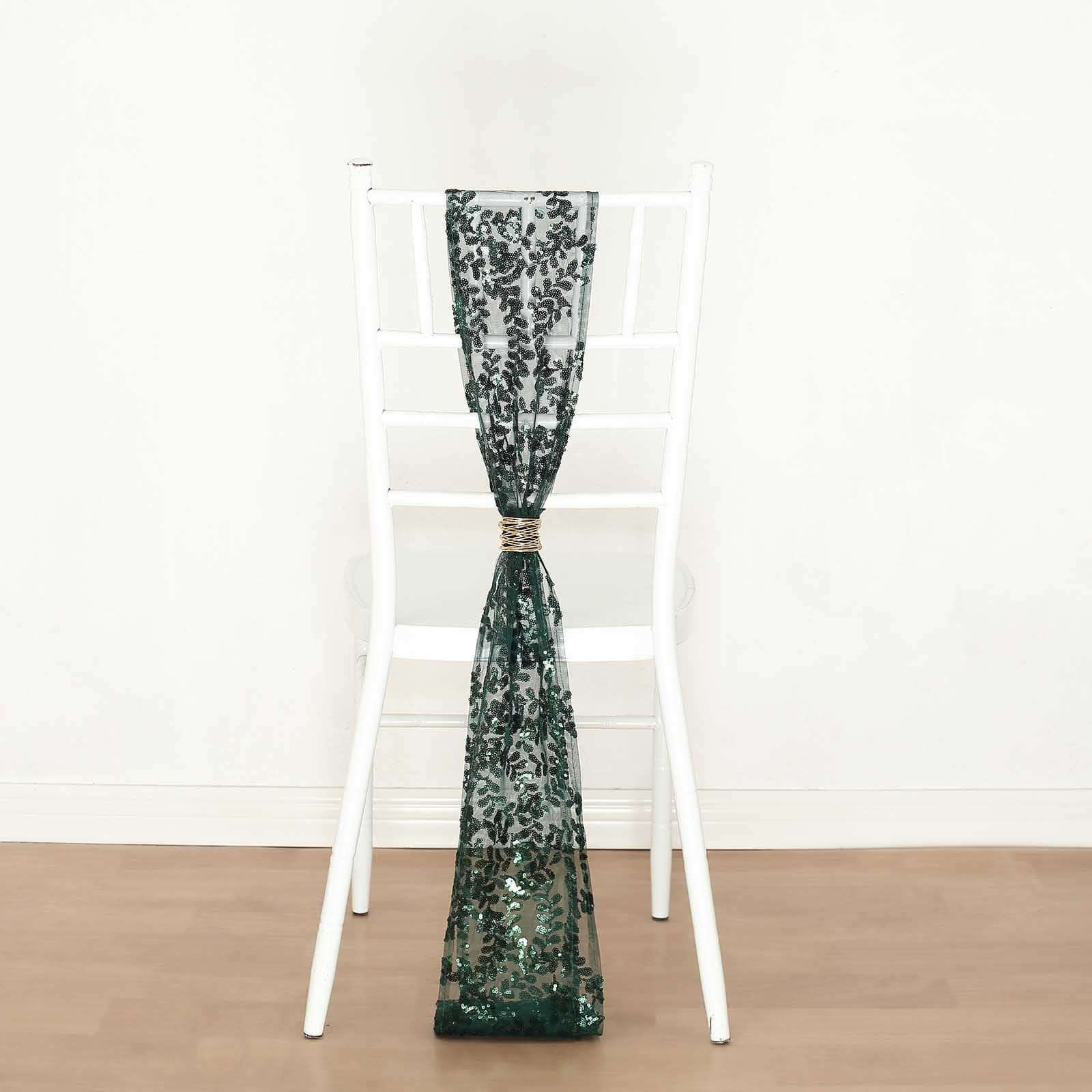 5 Pack Tulle Chair Sashes with Leaf Vine Embroidered Sequins Hunter Emerald Green 6"x88"