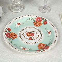 25-Pack Paper 9" Round Dinner Plates in Light Turquoise with Vintage Rose Flower Print
