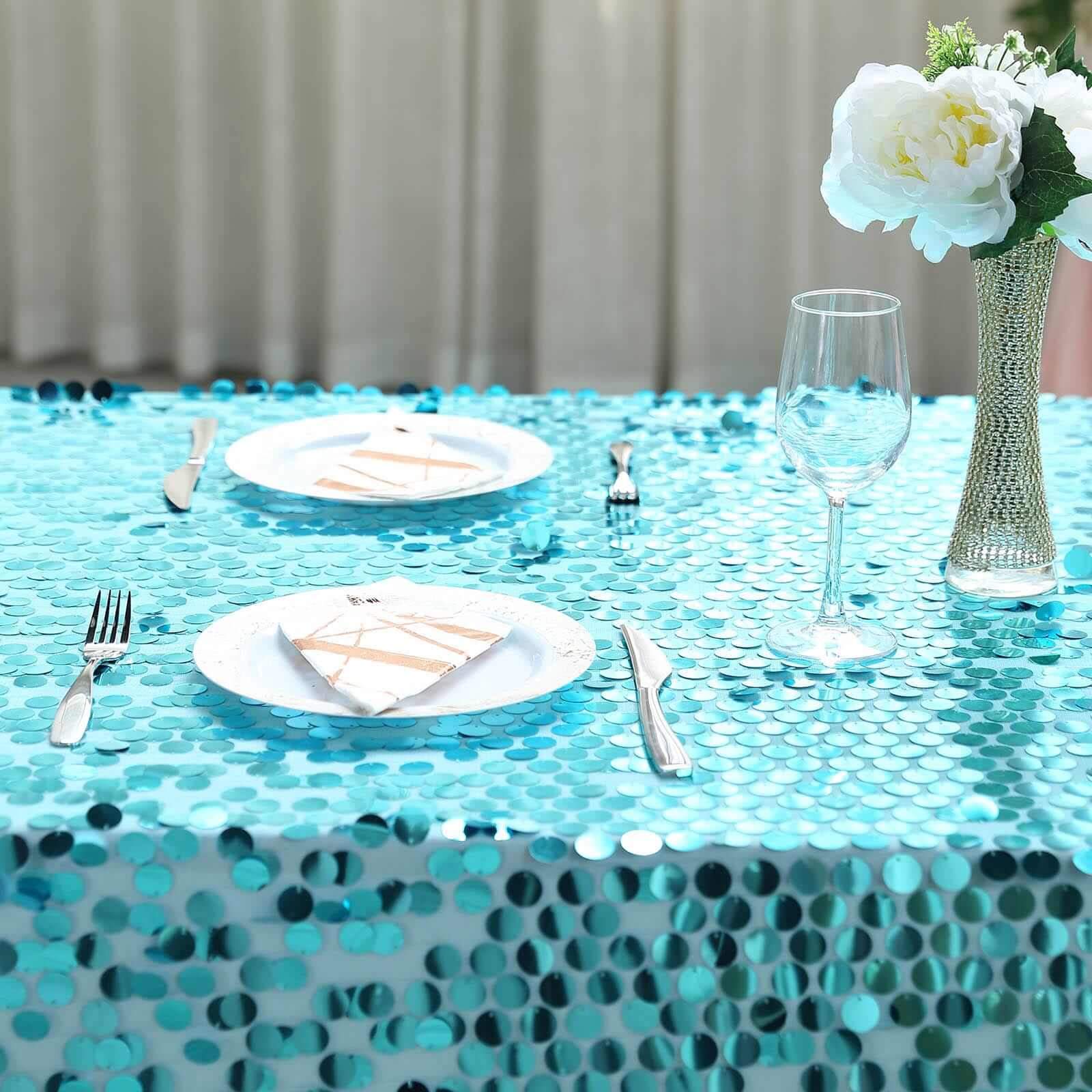 Sequin 90"x132" Rectangle Tablecloth Turquoise - Seamless Big Payette Table Cover