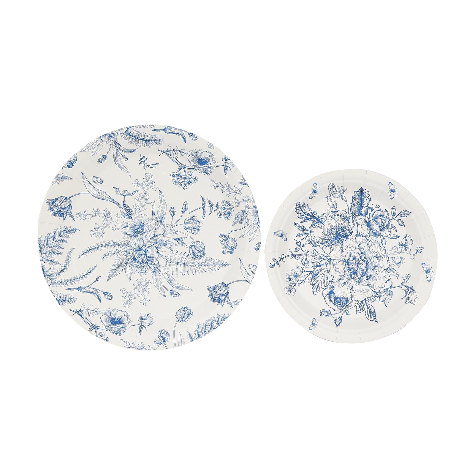 50-Pack Paper Round Dessert and Dinner Plates in White with Blue French Toile Pattern 7", 9"