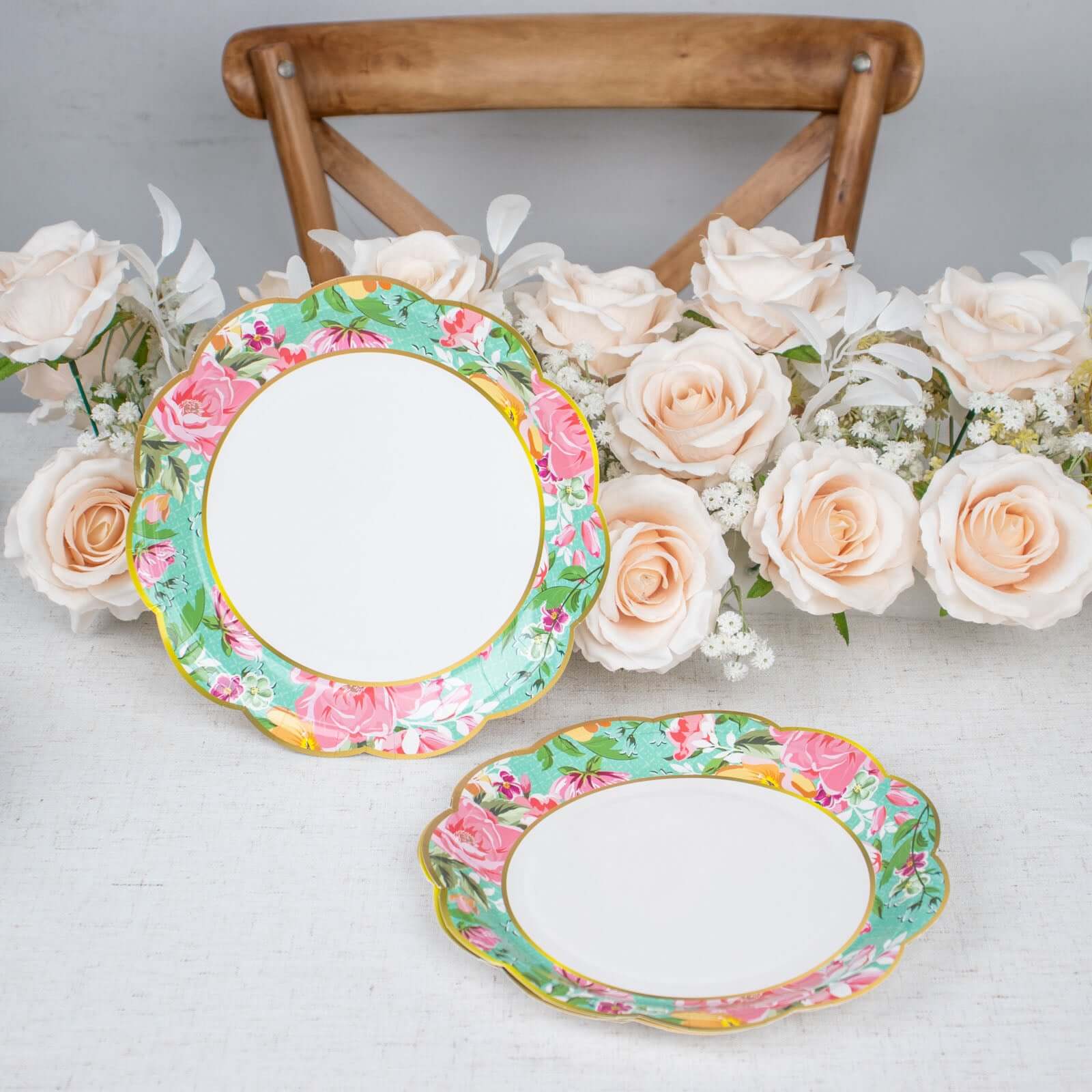 24-Pack Paper 9" Round Dinner Plates in Mixed Floral Print with Scalloped Edge - Disposable Party Plates for Baby Showers & Vintage Themes