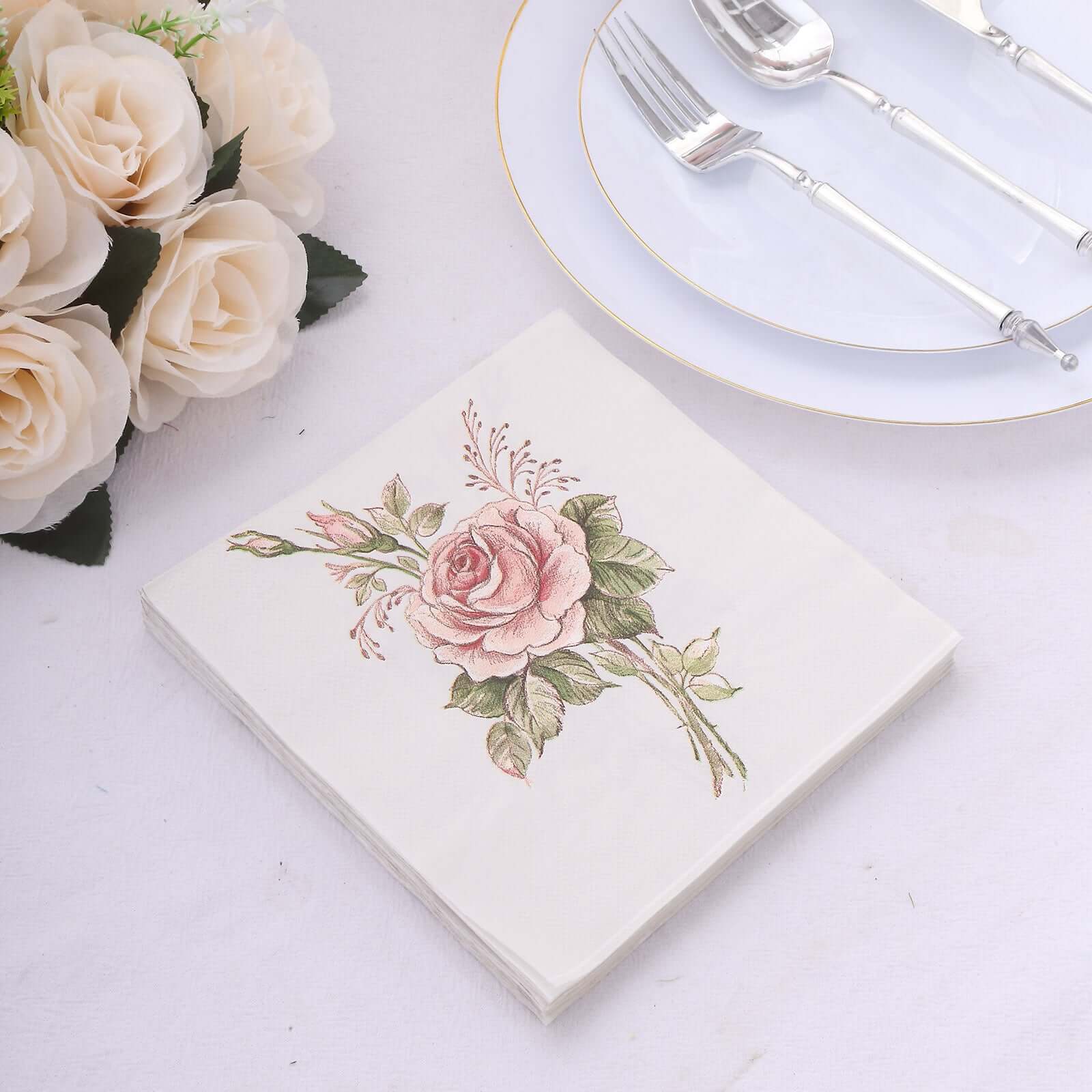 20-Pack Paper Beverage Napkins with Pink Floral Design Ivory - 2 Ply Soft 18GSM Rose Garden Wedding Napkins 6.5"x6.5"