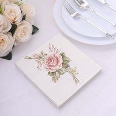 20-Pack Paper Beverage Napkins with Pink Floral Design Ivory - 2 Ply Soft 18GSM Rose Garden Wedding Napkins 6.5"x6.5"