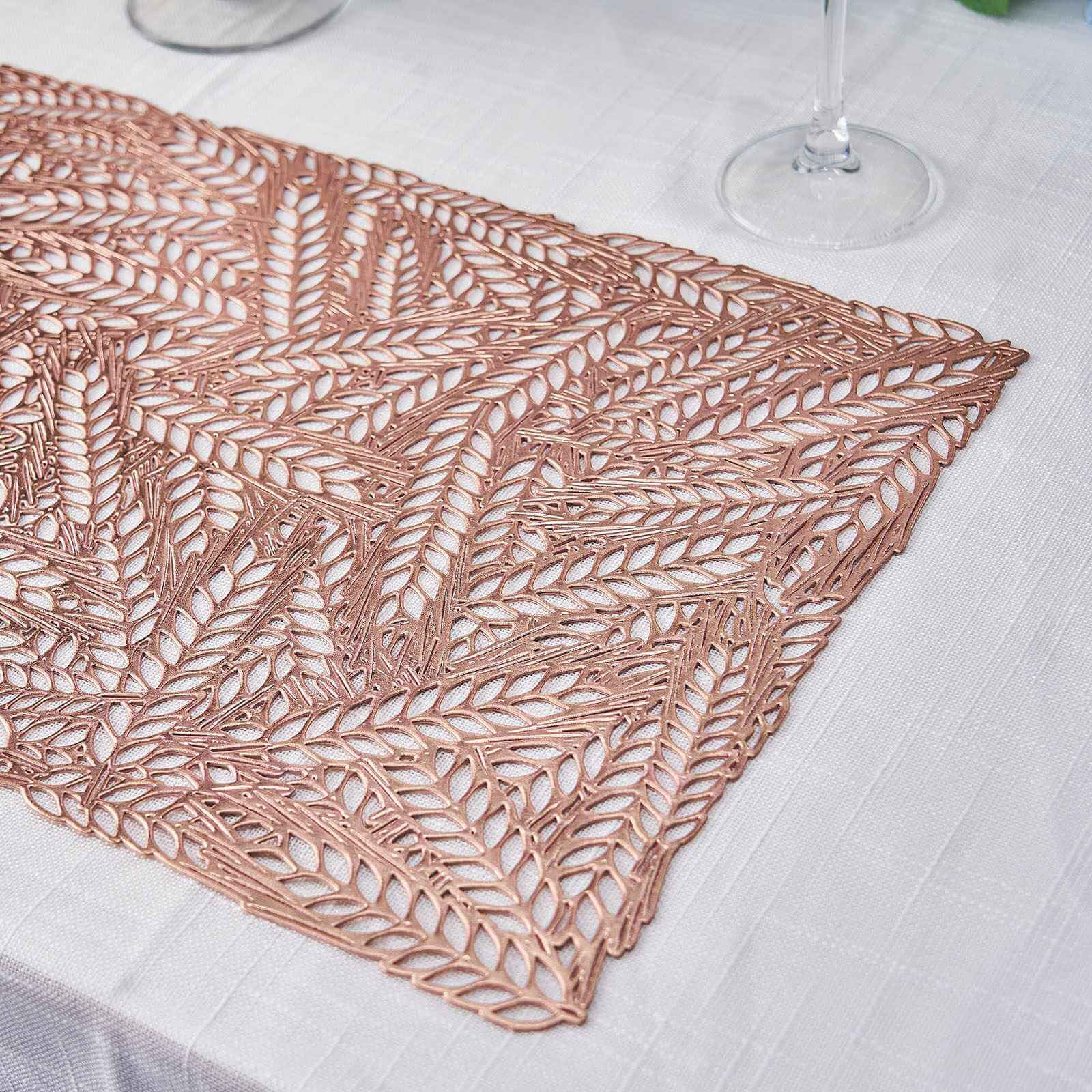 6-Pack Table Mats Wheat Design Rose Gold - Vinyl Rectangle Non-Slip Surface for Stylish Settings 12"x18"