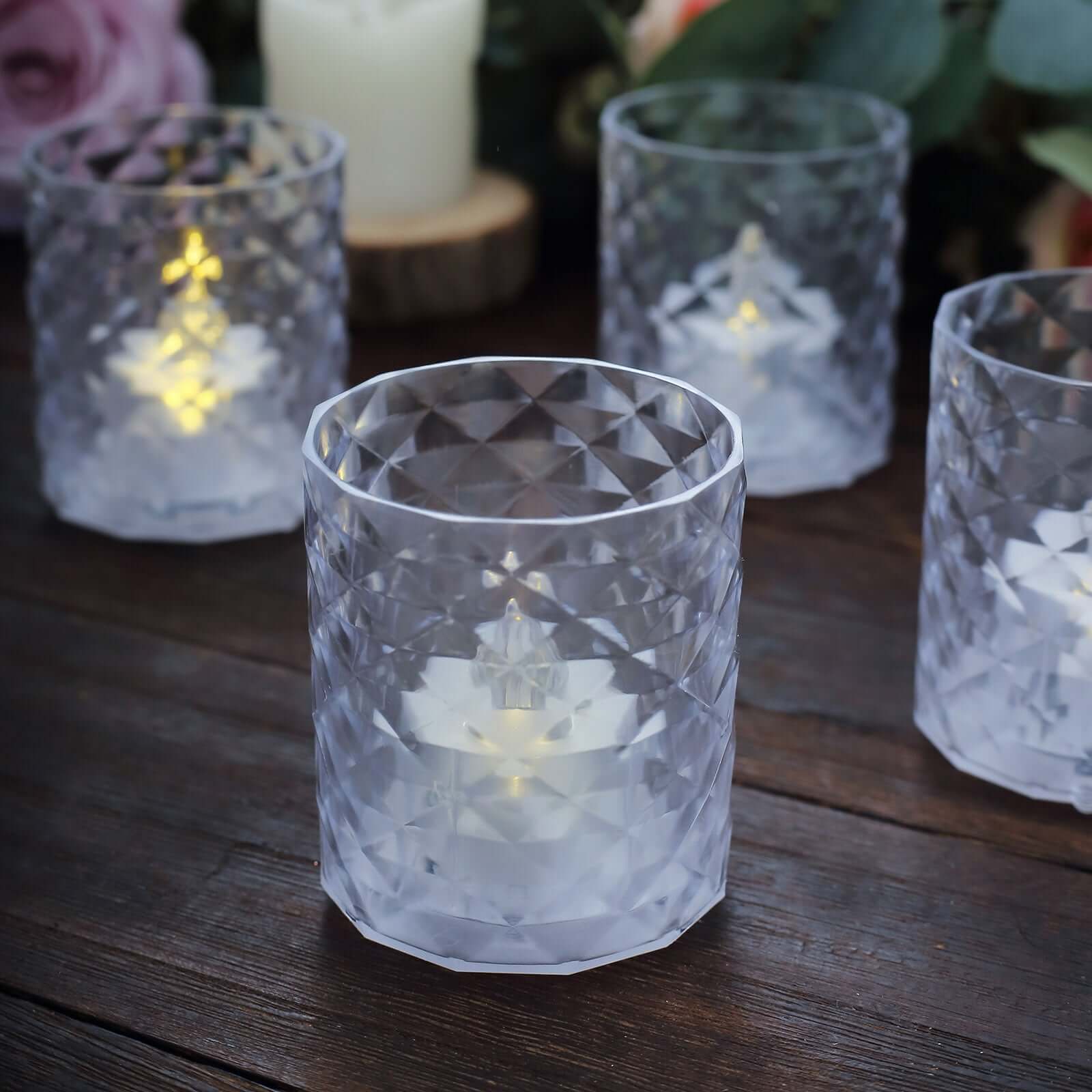 12-Pack LED Tealight Candle Holders Whiskey Glass Design Clear - Warm White Battery Operated Lights 3"