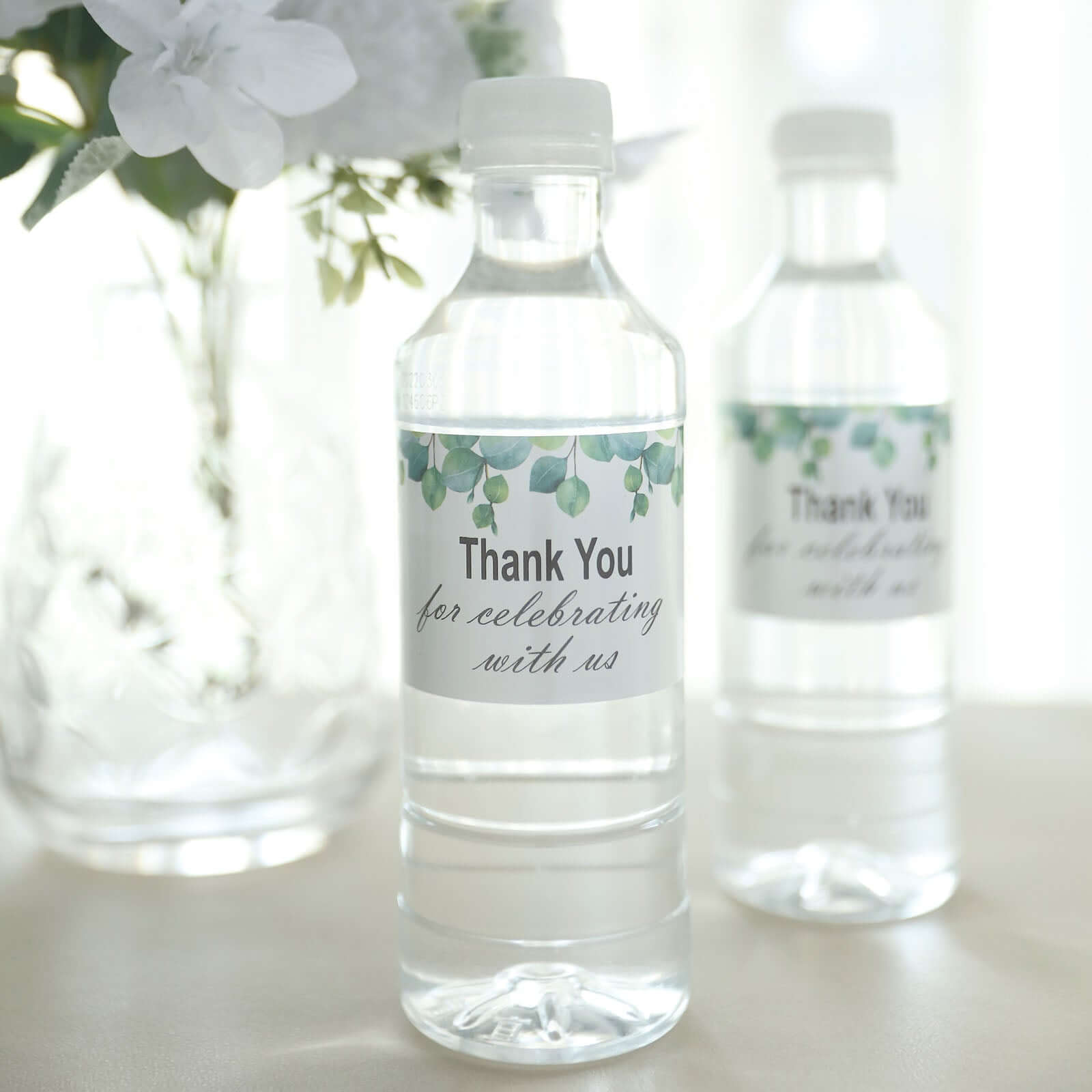24 Pack White/Green Water Bottle Labels with Leaves Design "Thank You" Party Waterproof Bottle Stickers