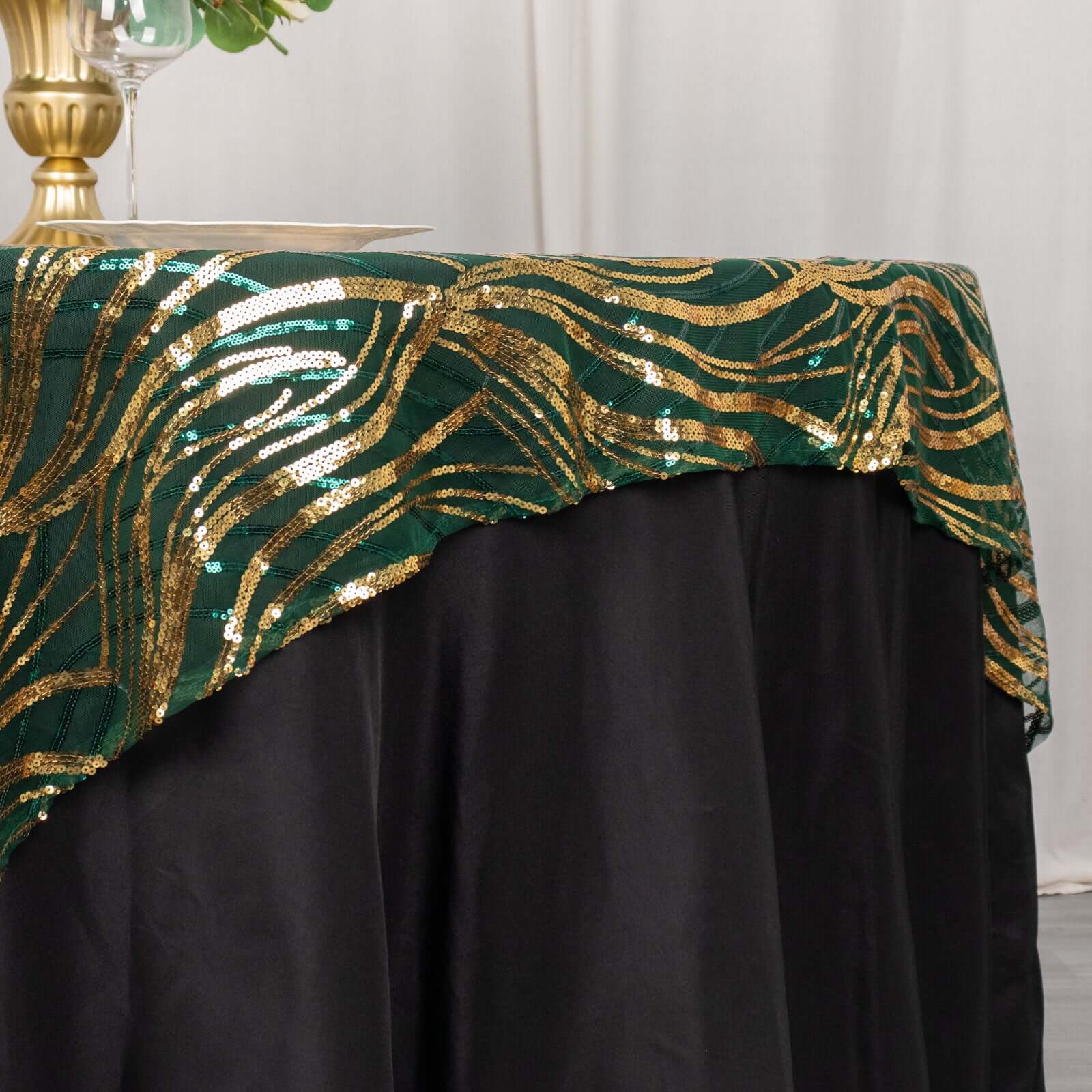 Mesh 72"x72" Table Overlay Square Tablecloth Hunter Emerald Green - Wave Embroidered Sequins Table Topper