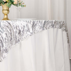 Mesh 72"x72" Table Overlay Square Tablecloth Silver - Wave Embroidered Sequins Table Topper