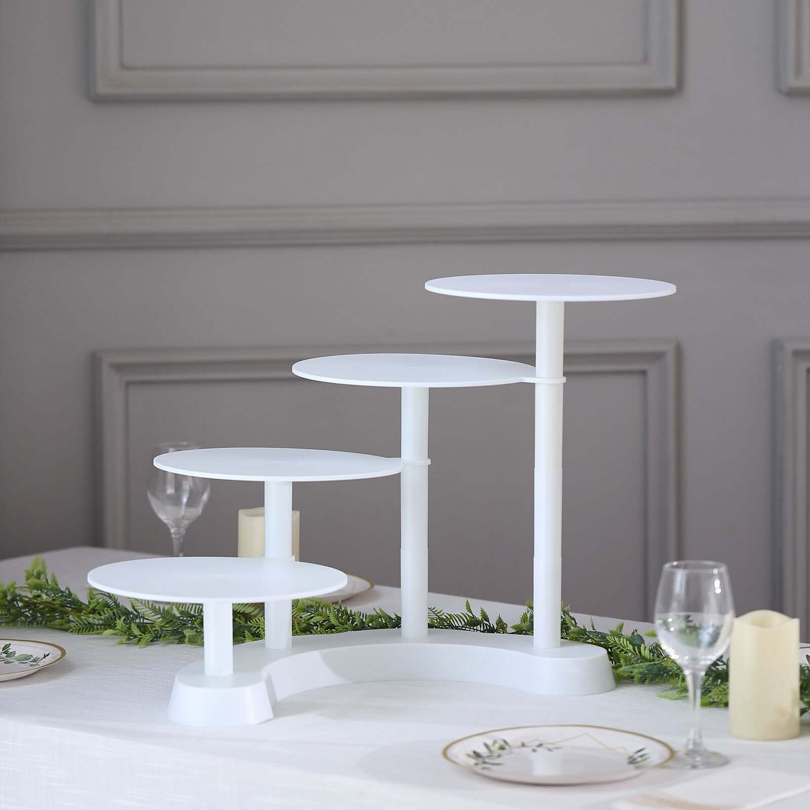 4-Tier Plastic Cake Stand with Half Moon Base White for Weddings Tea Parties & Home Gatherings 17"