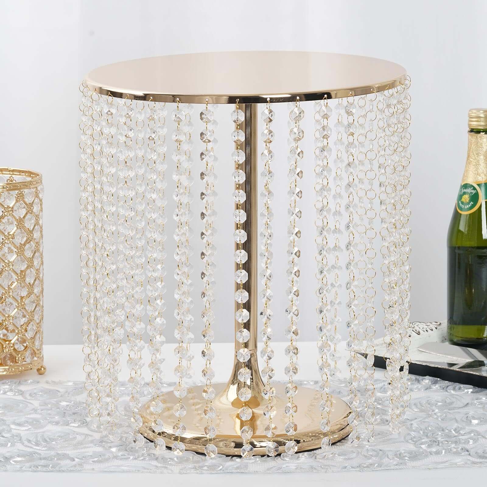 Metal Cake Stand Round Design Metallic Gold with Crystal Chains 14" Dia - Cupcake Dessert Pedestal 16"Tall