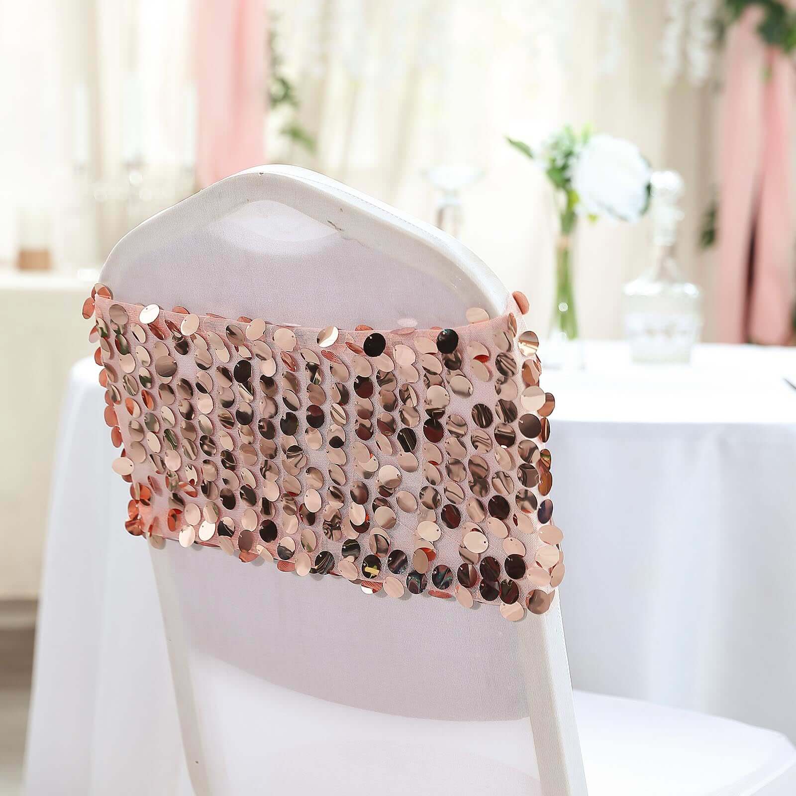 5 Pack Big Payette Sequin 13"x10" Chair Sash Bands Blush - Stylish Glittering Decor for Weddings & Gatherings