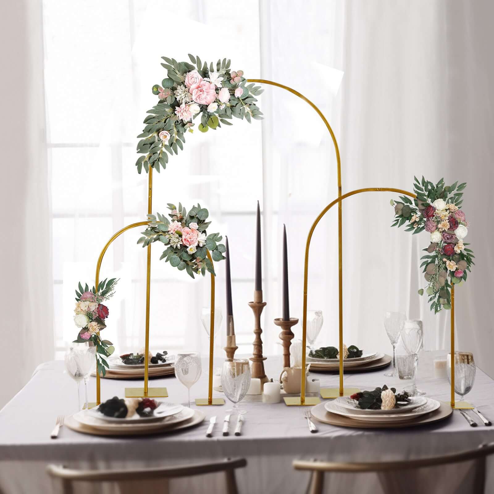 Set of 3 Chiara Arch Table Centerpieces Gold Metal - Detachable Flower Stand Frame for Weddings 20", 23", 35"
