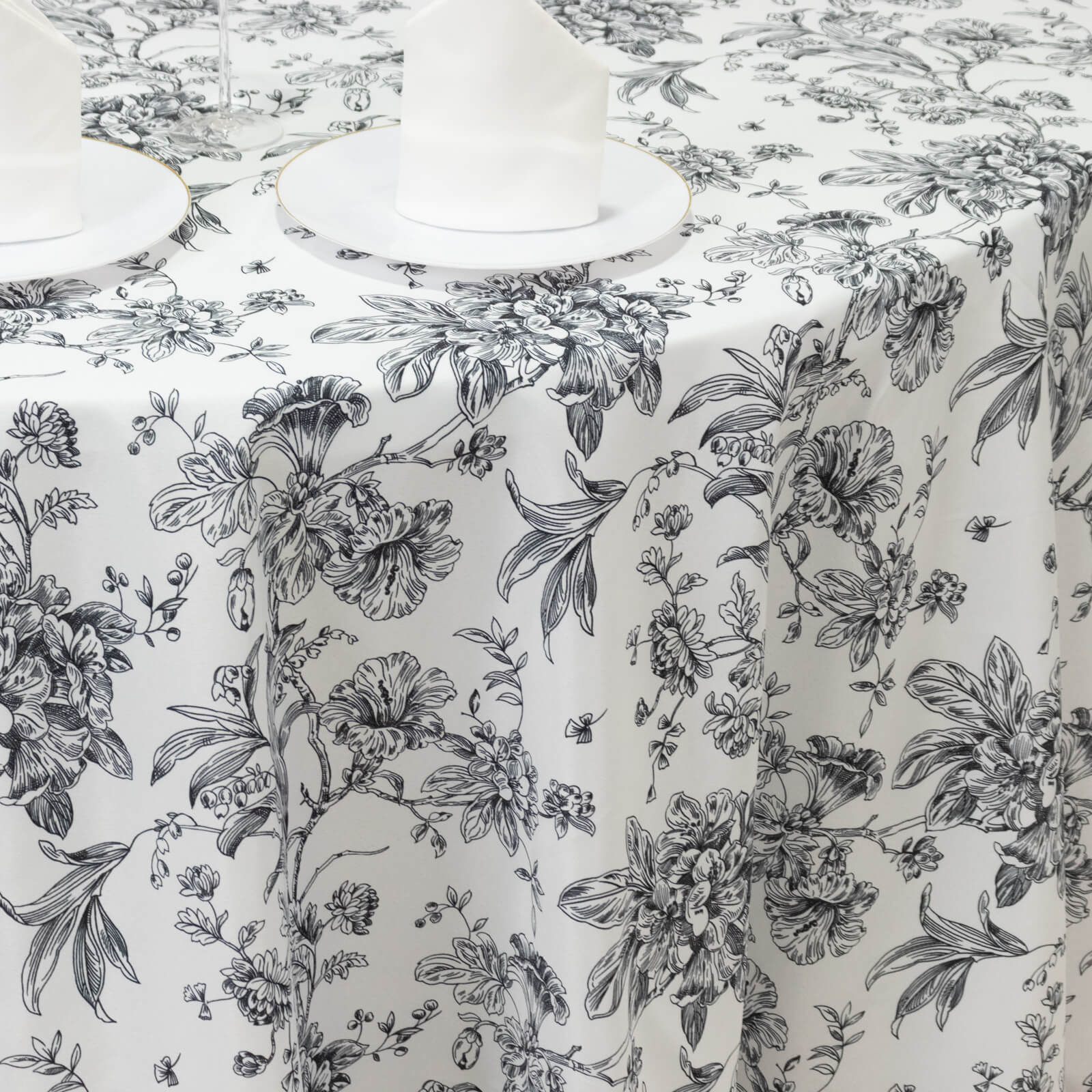 Polyester 120" Round Tablecloth White - Black French Toile Pattern for Chic Weddings