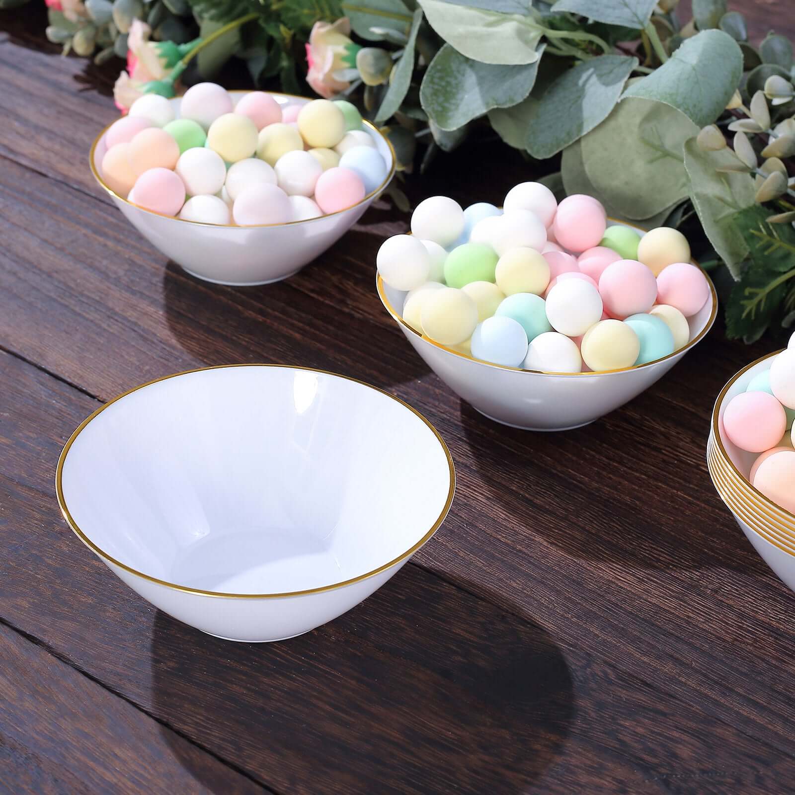 24-Pack Heavy Duty Plastic Ice Cream Bowls Glossy White Gold Rim Premium - Great for Events 7oz